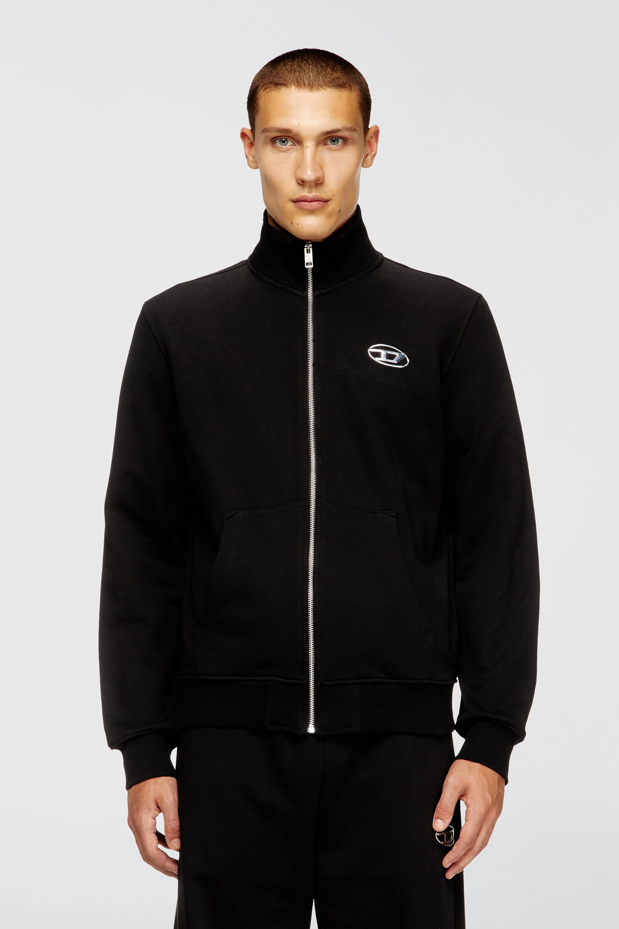 Diesel - S-GINNI-ZIP-OD, Man's Zip-up sweatshirt with metallic logo in Black - 1