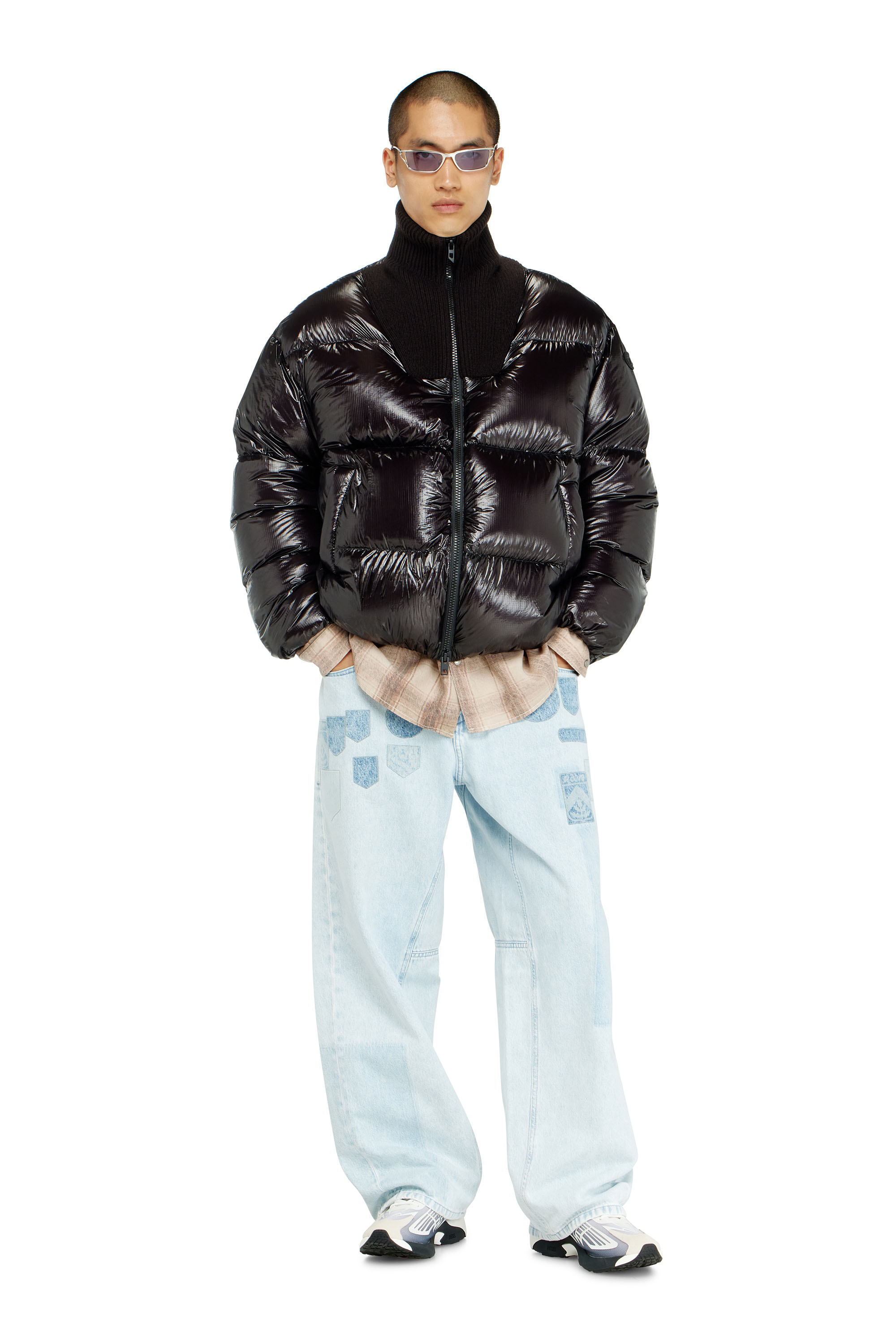 Diesel - W-RIBB, Male's Down puffer jacket in ripstop with ribbed collar in Black - 1