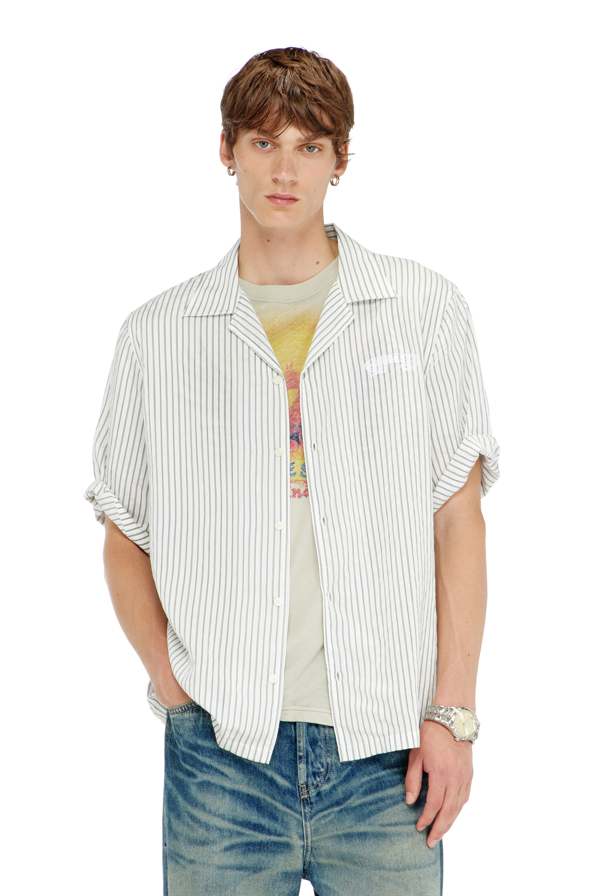 Diesel - S-MAC-EFBV, Male's Half-sleeve shirt in pinstripe modal in White/Grey - 1