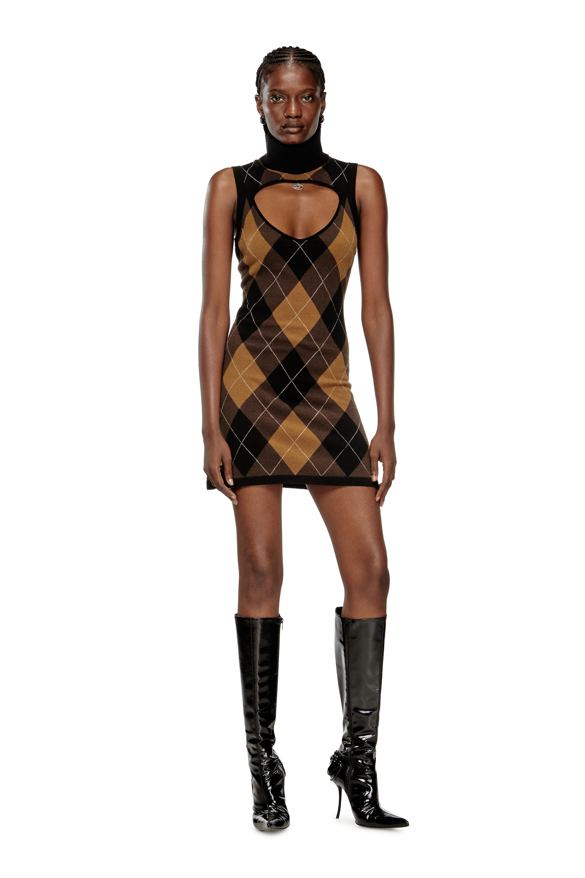 Diesel - M-ROMKO-DRESS, Female's Wool dress with argyle pattern in Black/Brown - 2