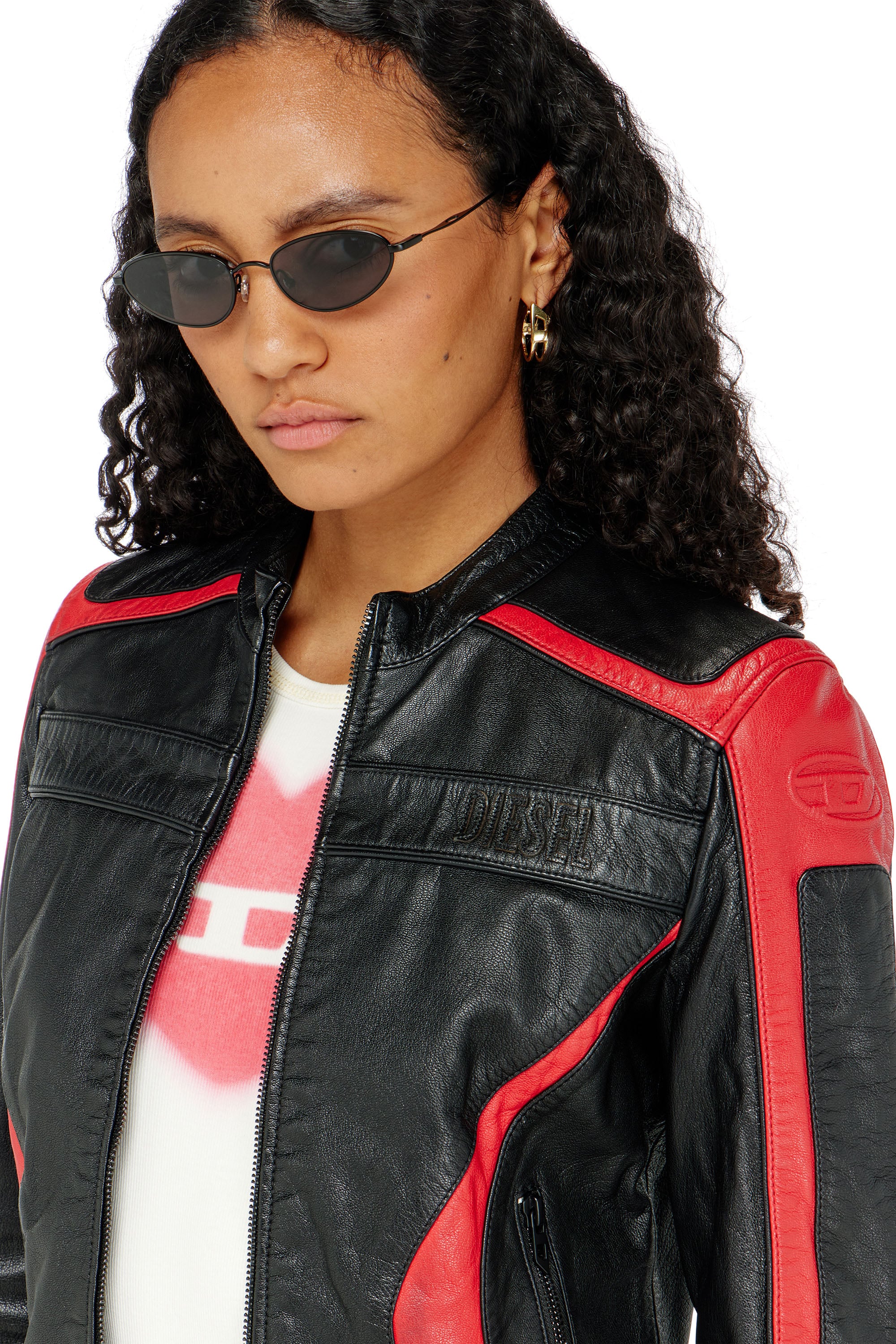 Diesel - L-OVABLE, Woman's Biker jacket in colour-block leather in Black/Red - 4