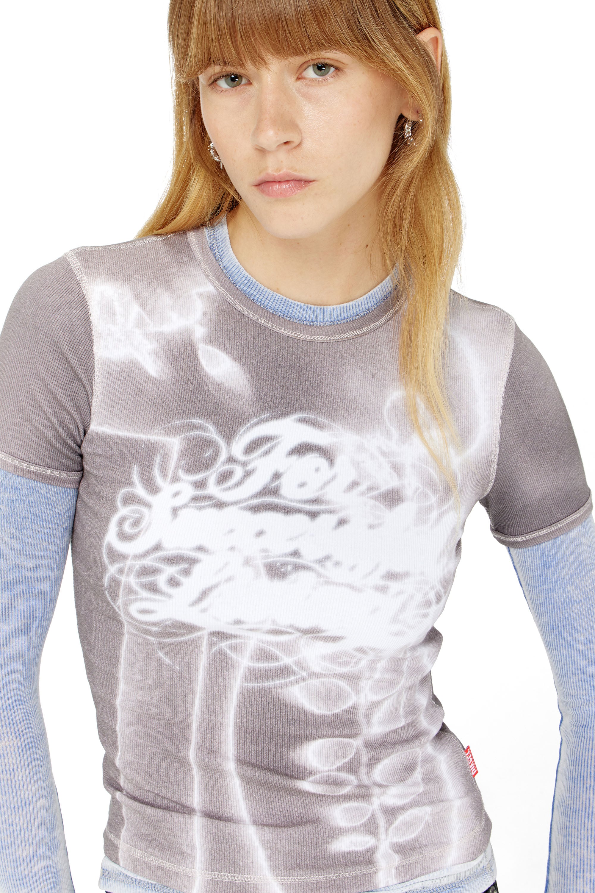 Diesel - T-ELE-LONG-AA4, Woman's Top in ribbed jersey with graphic print in Grey - 4