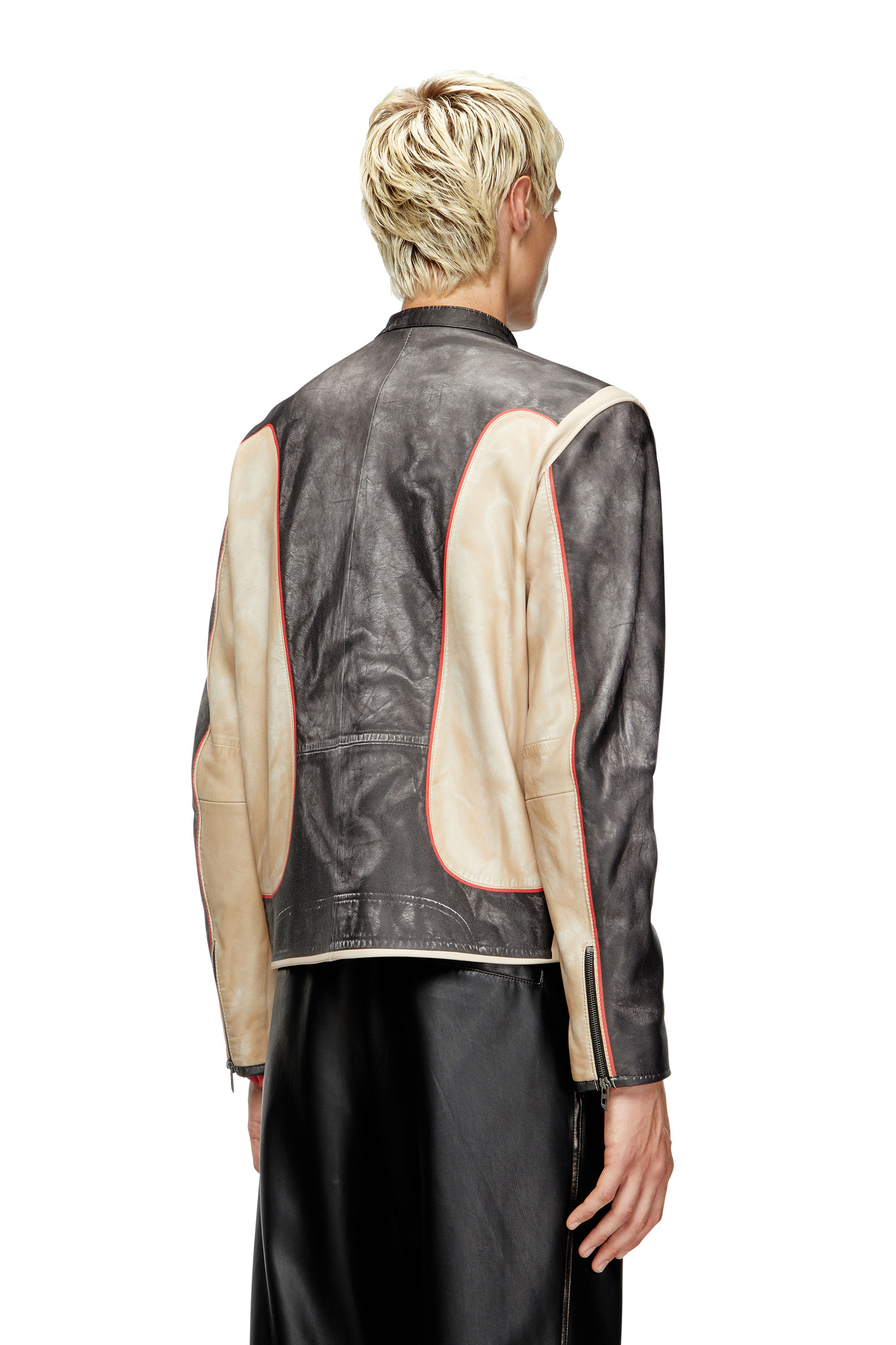Diesel - L-EVERT, Male's Trompe l'oeil-effect leather biker jacket in Beige/Black - 5
