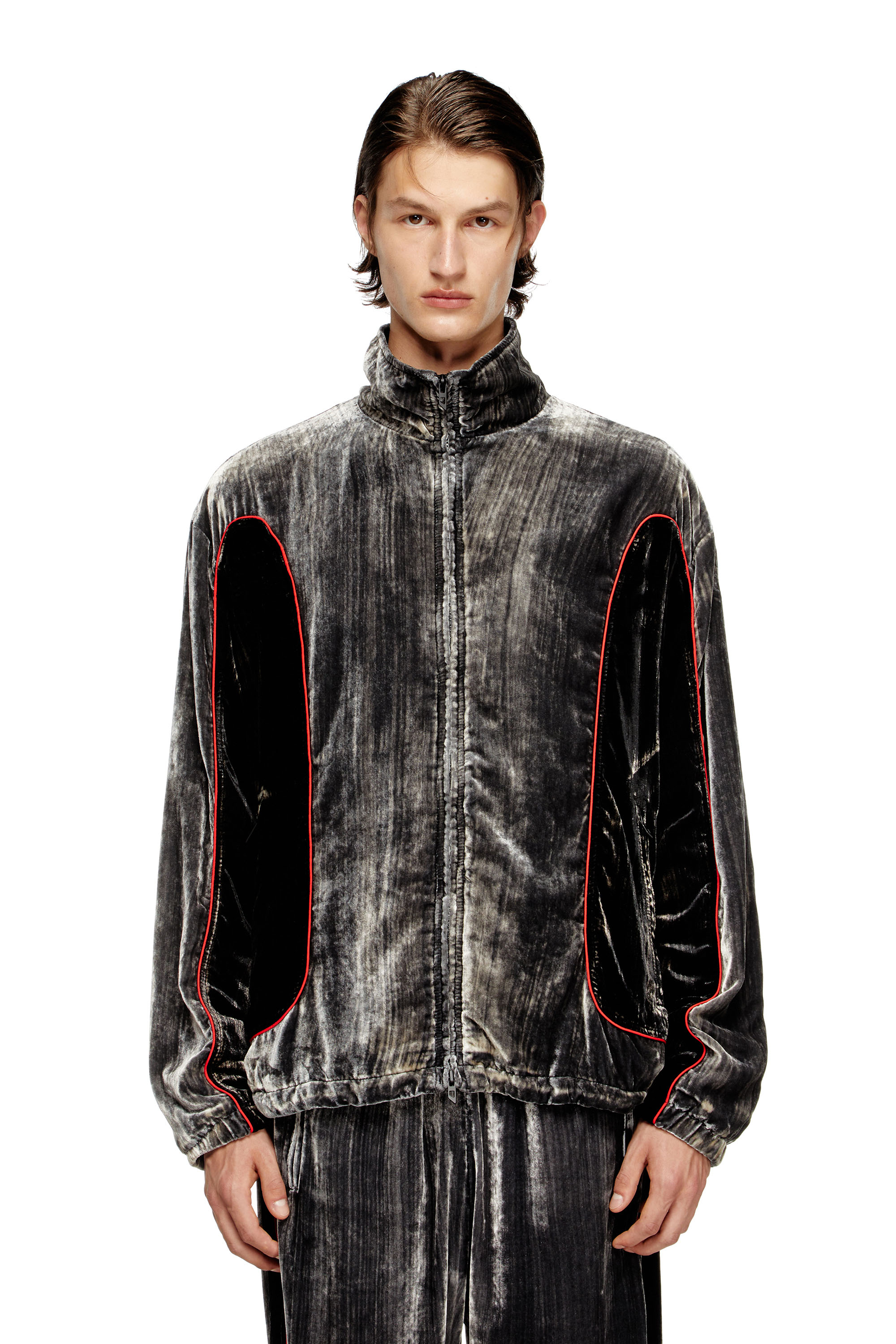 Diesel - J-HAY, Male's Track jacket in treated velvet in Black/Red - 1