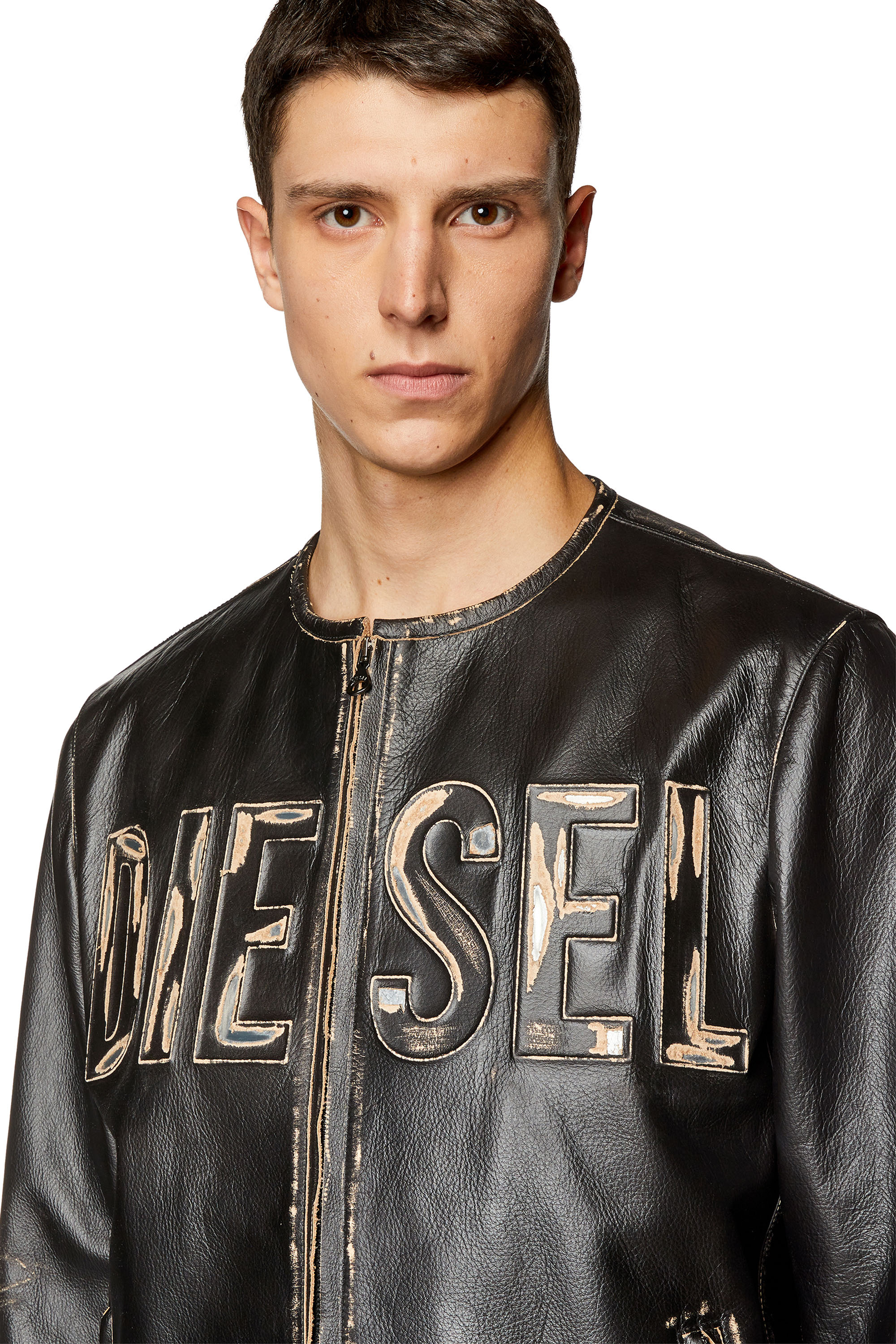 Diesel - L-MET, Chaqueta de cuero desgastado con logotipo met&aacute;lico Hombre in Negro - 4