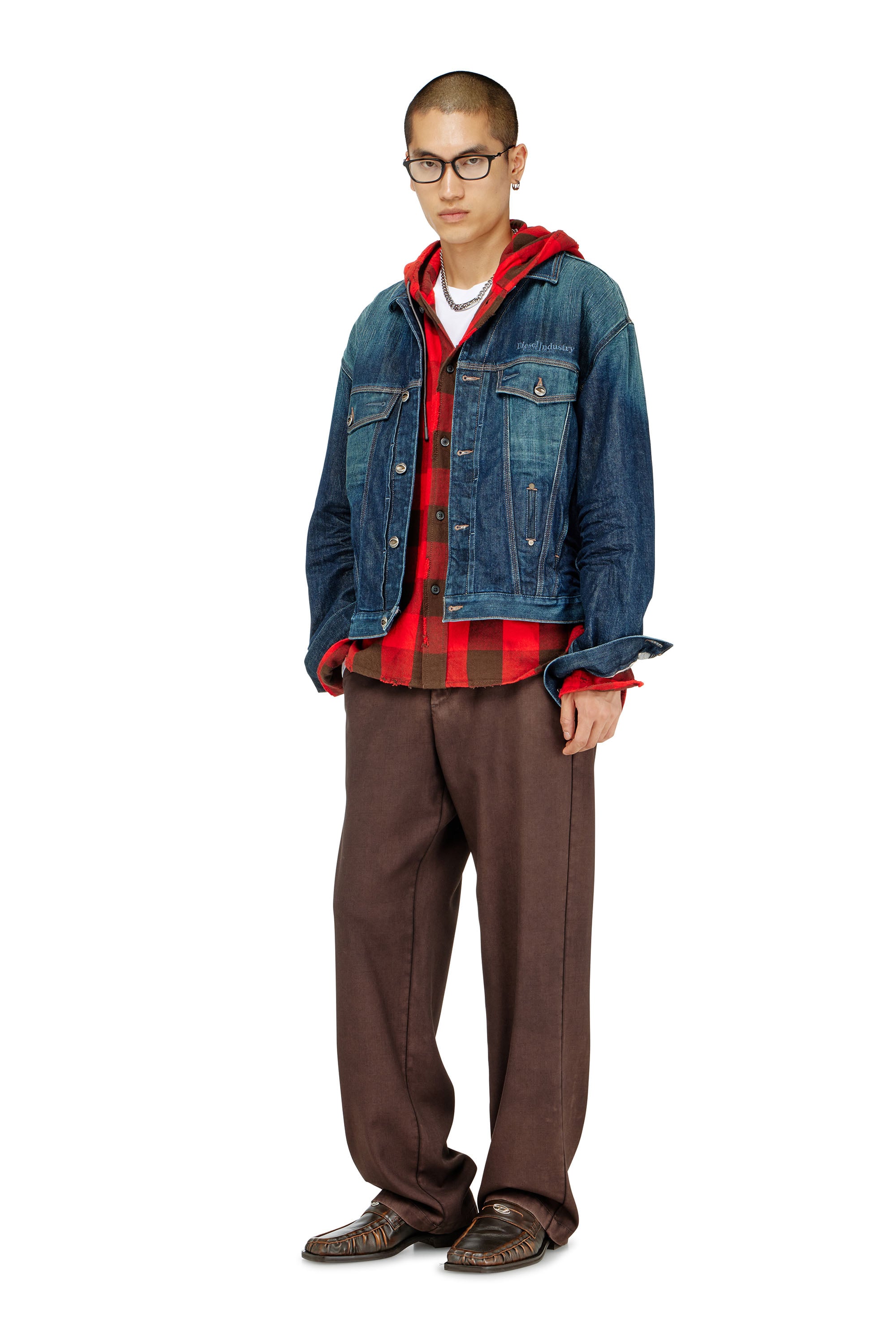 Diesel - S-DRUM-HOODY, Man's Distressed hooded shirt in check flannel in Red/Brown - 2
