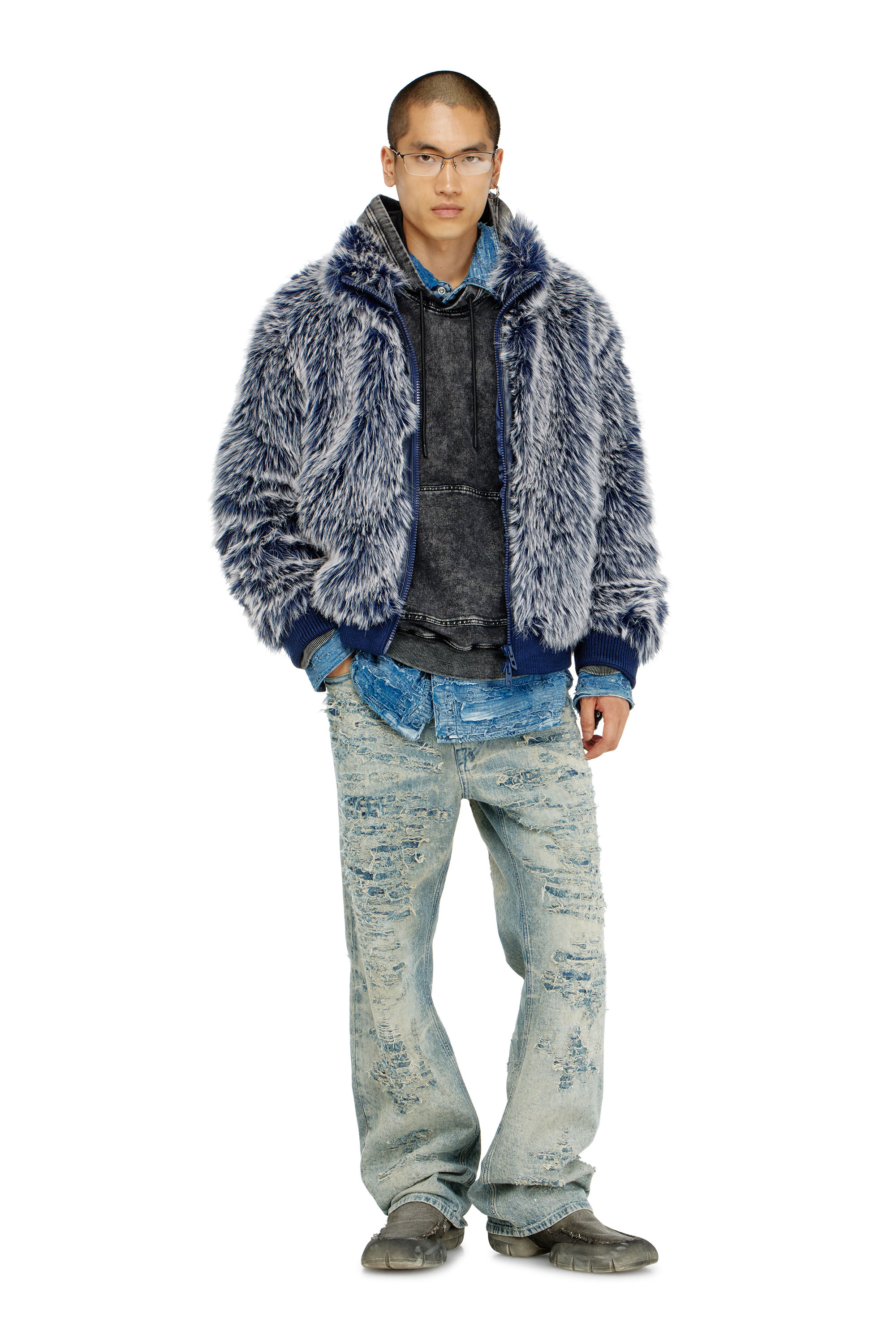Diesel - W-VICTOR, Man's Shaggy winter jacket in Medium blue - 1