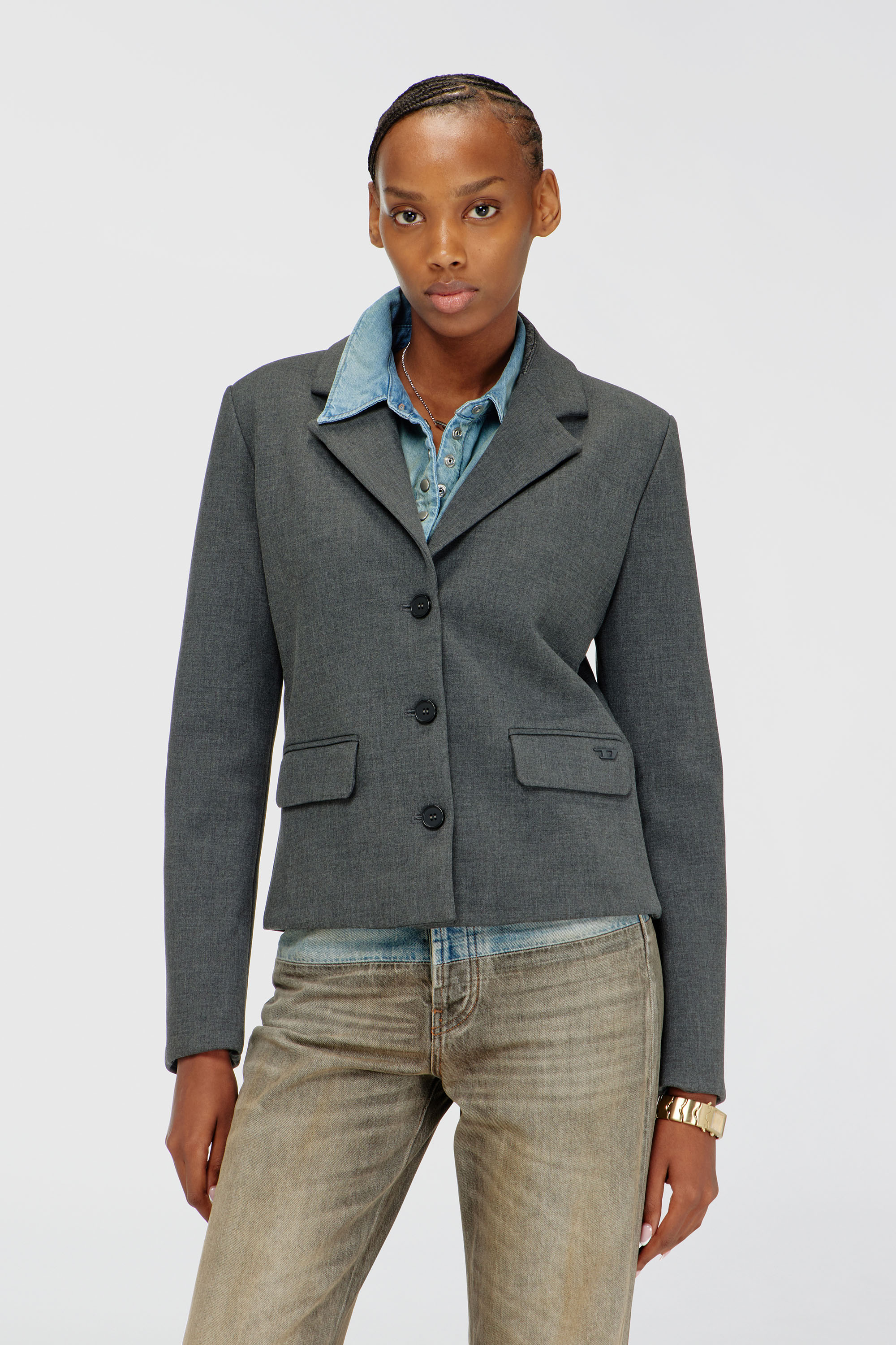 Diesel - G-LINTY, Blazer court &agrave; col orn&eacute; de denim Femme in Gris - 1