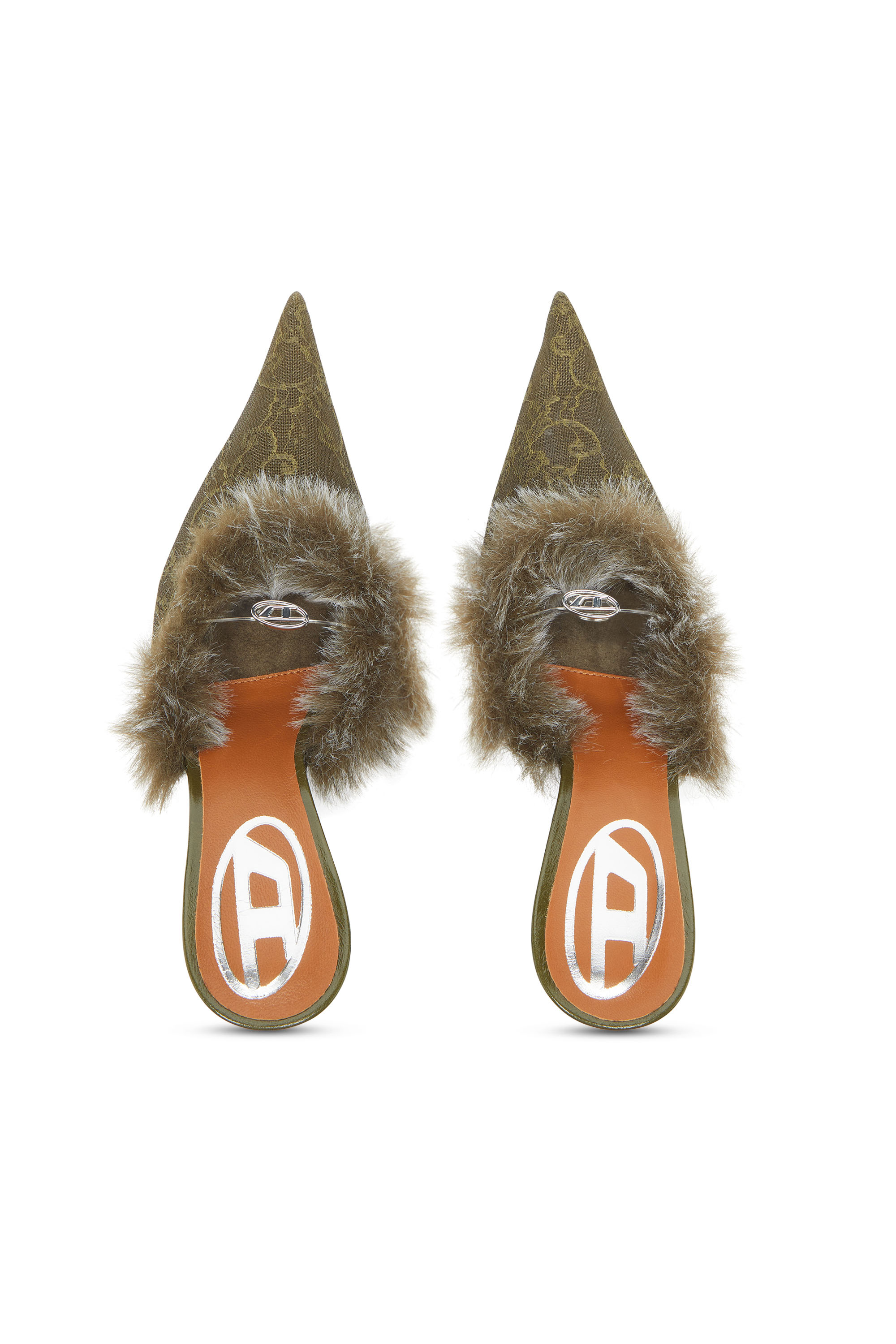 Diesel - D-JEWELS  MULE FUR 90, Female's D-Ten&Half - Mules in nylon with fuzzy trim in Military Green - 4