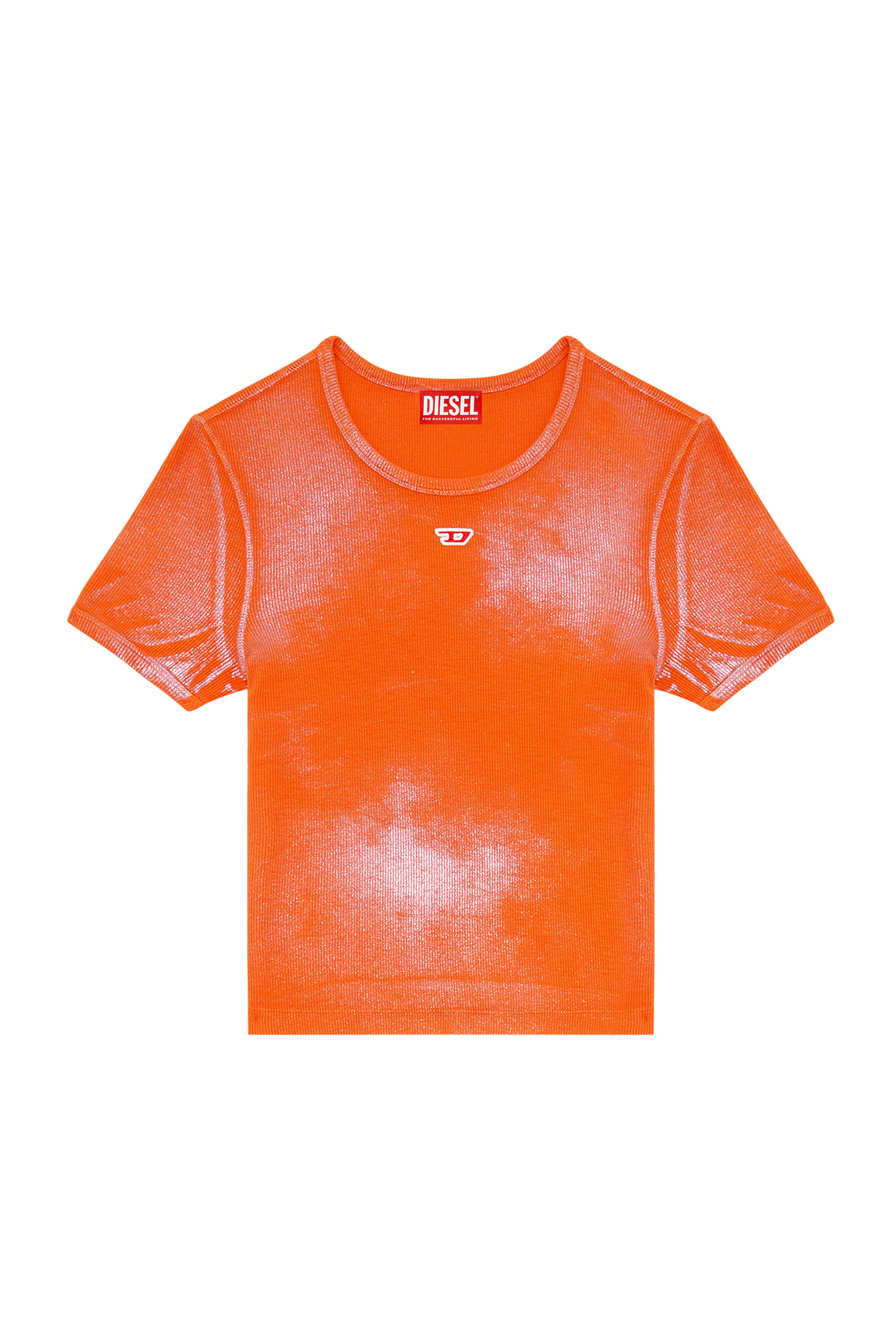 Diesel - T-ELE-N1, Camiseta met&aacute;lica deste&ntilde;ida Mujer in Naranja - 2