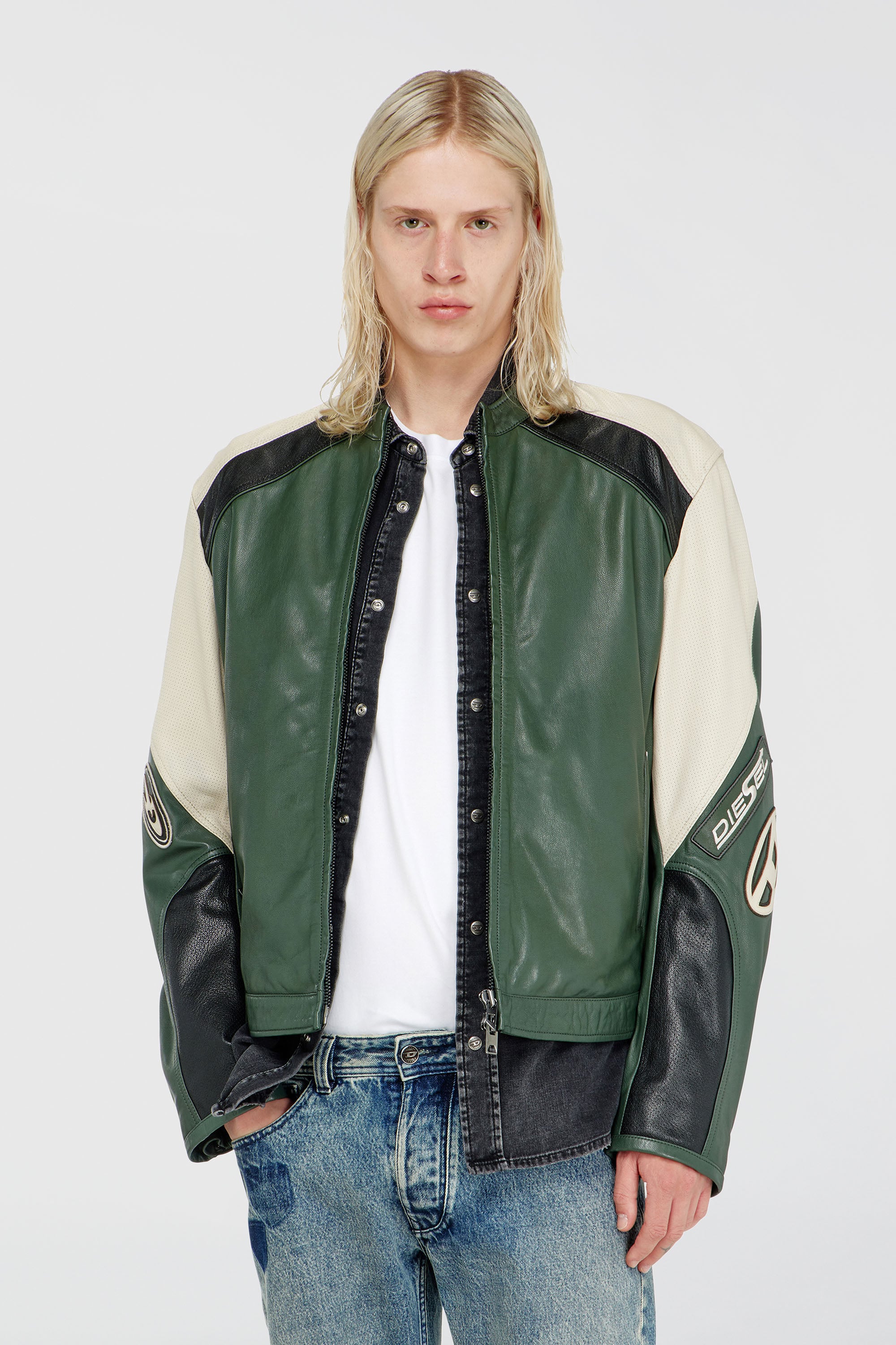 Diesel - L-AHTI, Male's Biker jacket in colour-block perforated leather in Beige/Black - 3
