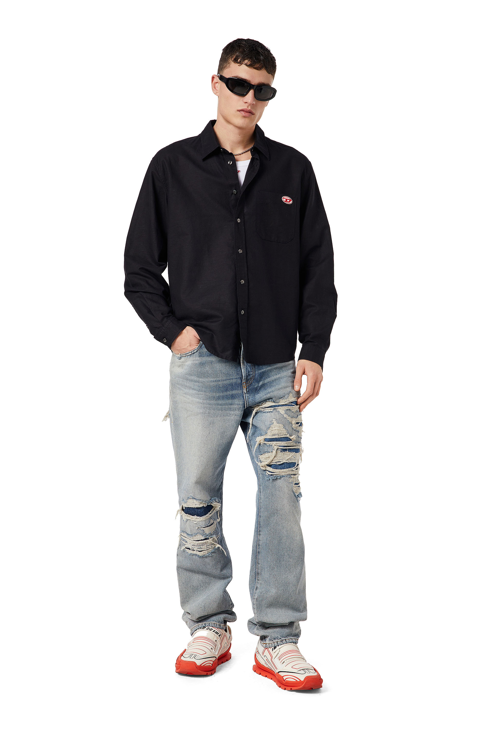 Diesel - S-UMBE, Camisa de manga larga de algod&oacute;n y c&aacute;&ntilde;amo Hombre in Negro - 1