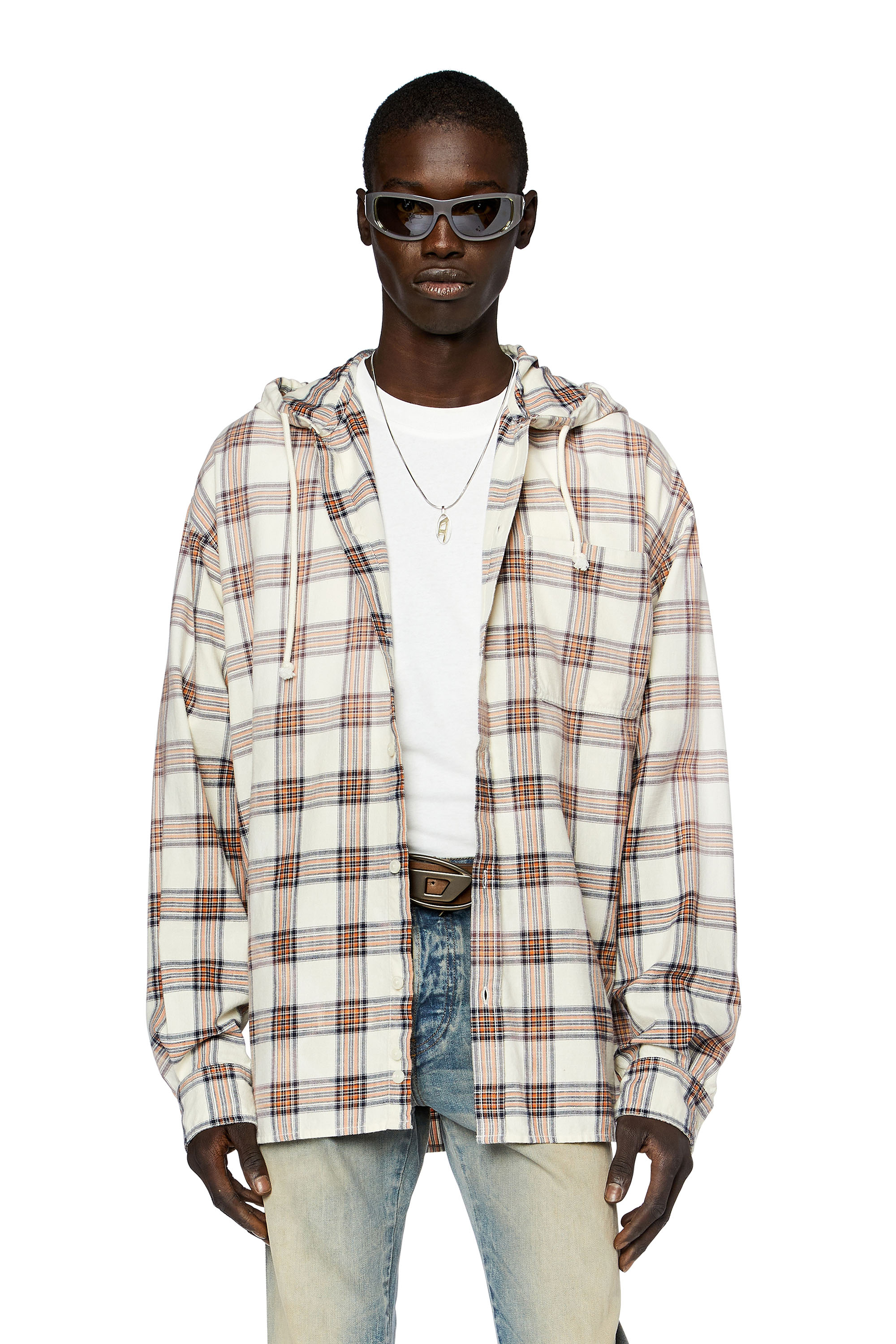 Diesel - S-DEWNY-HOOD, Man's Hooded overshirt in check cotton flannel in Orange/White - 3