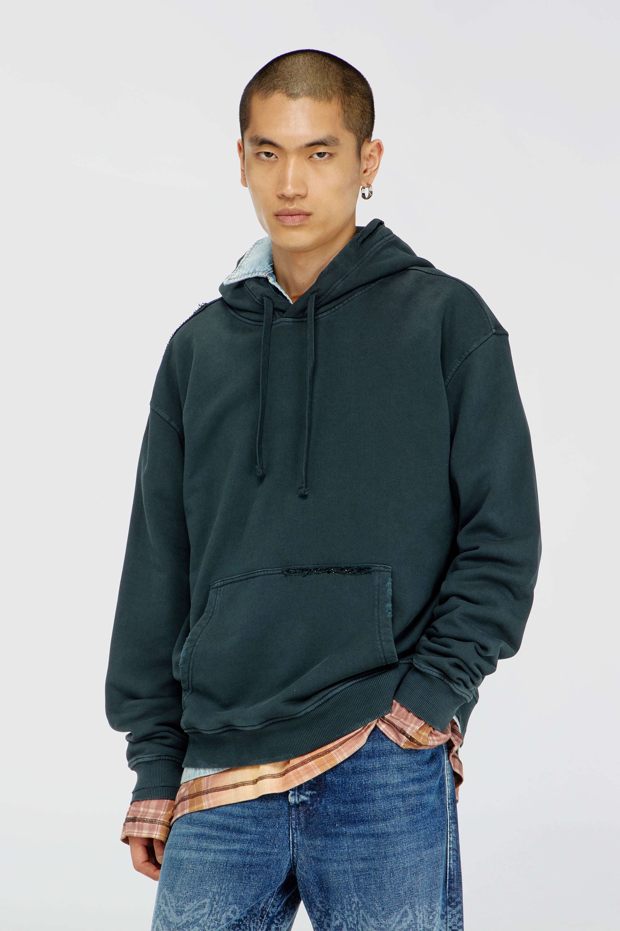 Diesel - S-NORM-HOOD-CRYSTALS, Male's Hoodie with rips and crystal details in Dark Green - 1