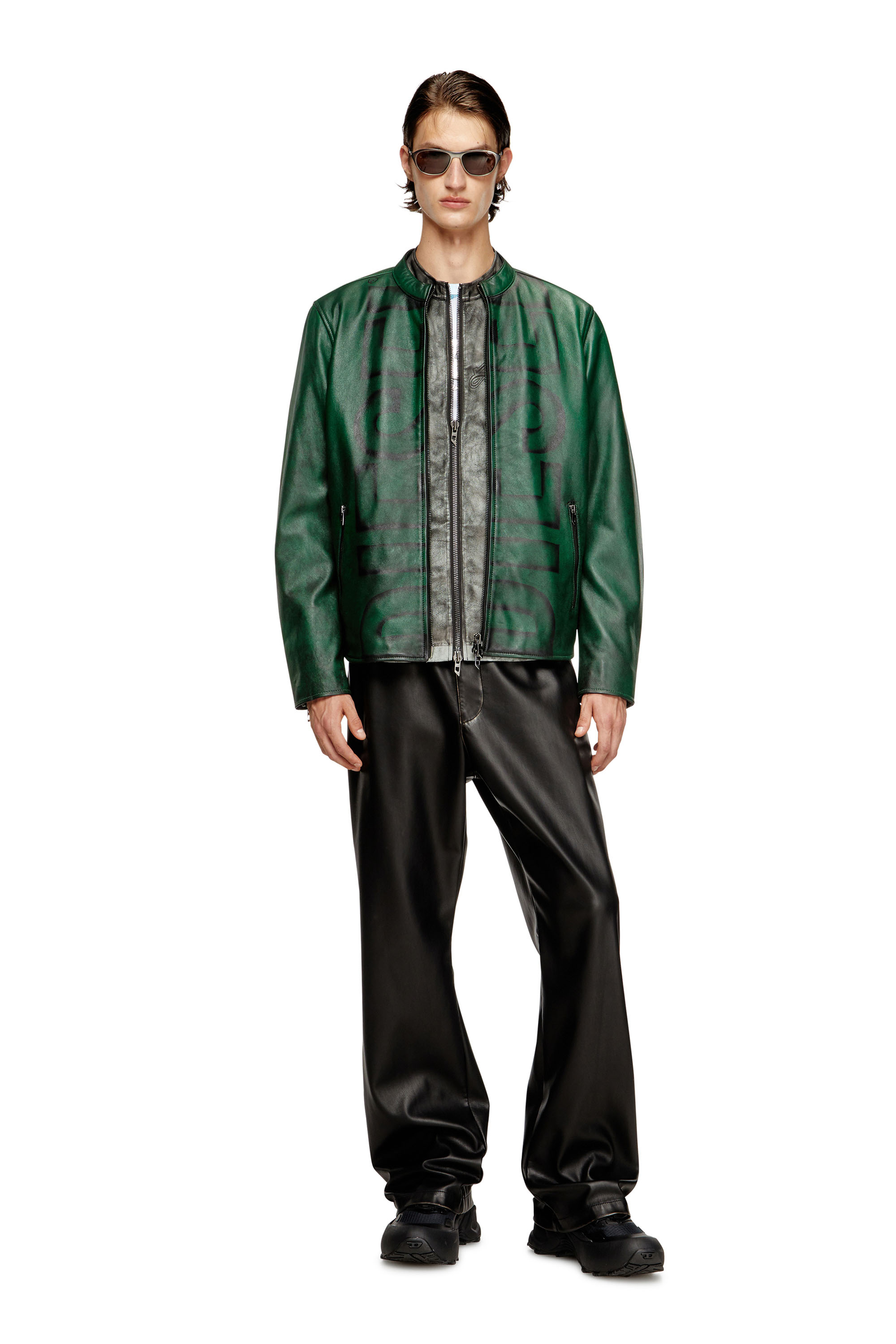 Diesel - L-EVERT-A, Man's Treated leather biker jacket with faded logo in Green - 4