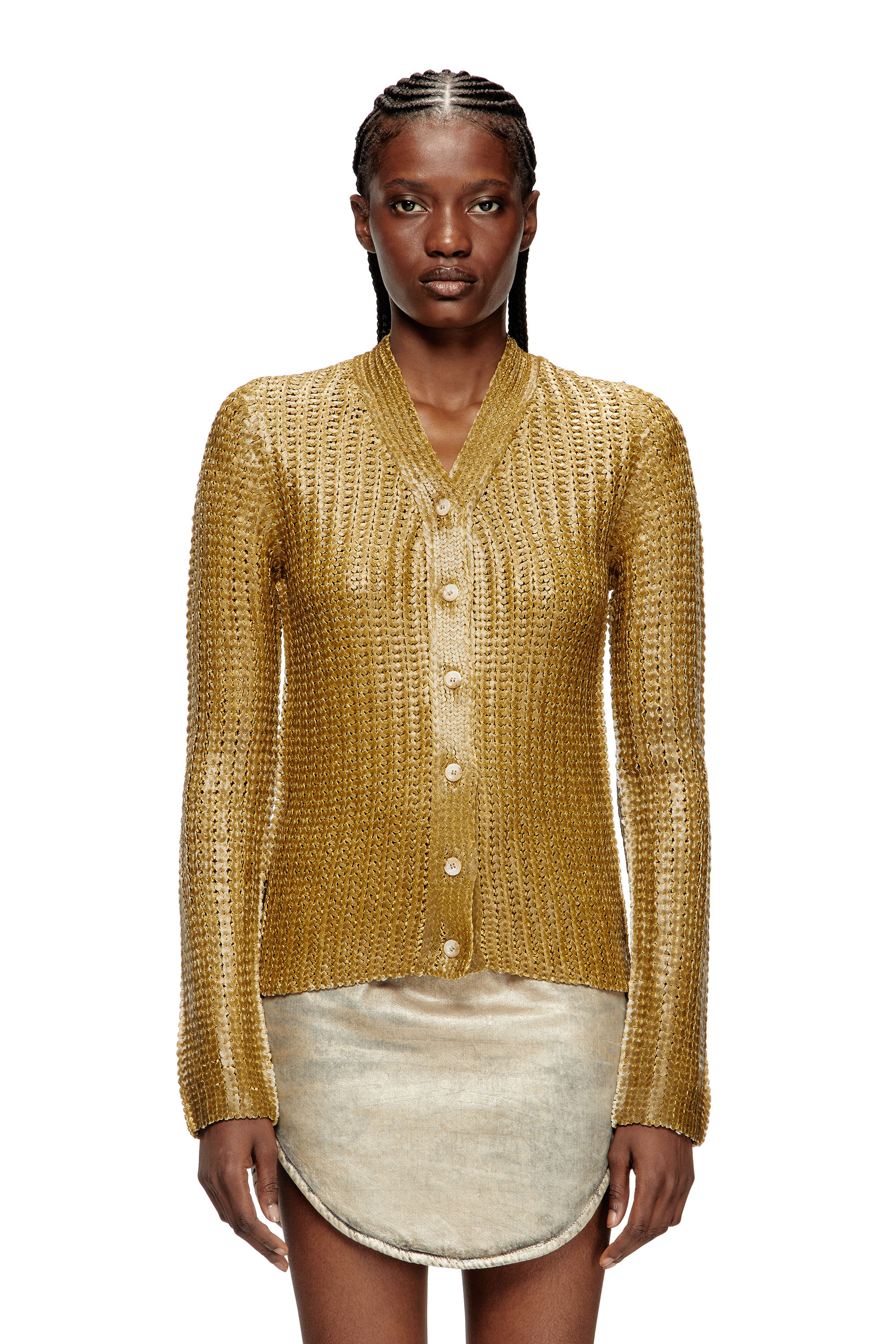 Diesel - M-MILLO, Female's Ribbed cardigan with shiny effect in Light Brown - 3