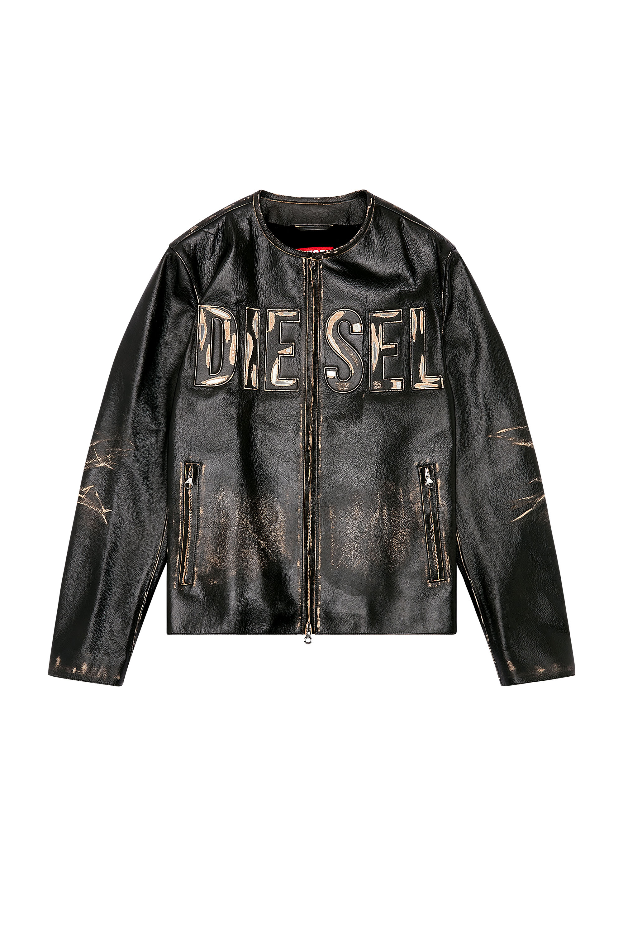 Diesel - L-MET, Chaqueta de cuero desgastado con logotipo met&aacute;lico Hombre in Negro - 2