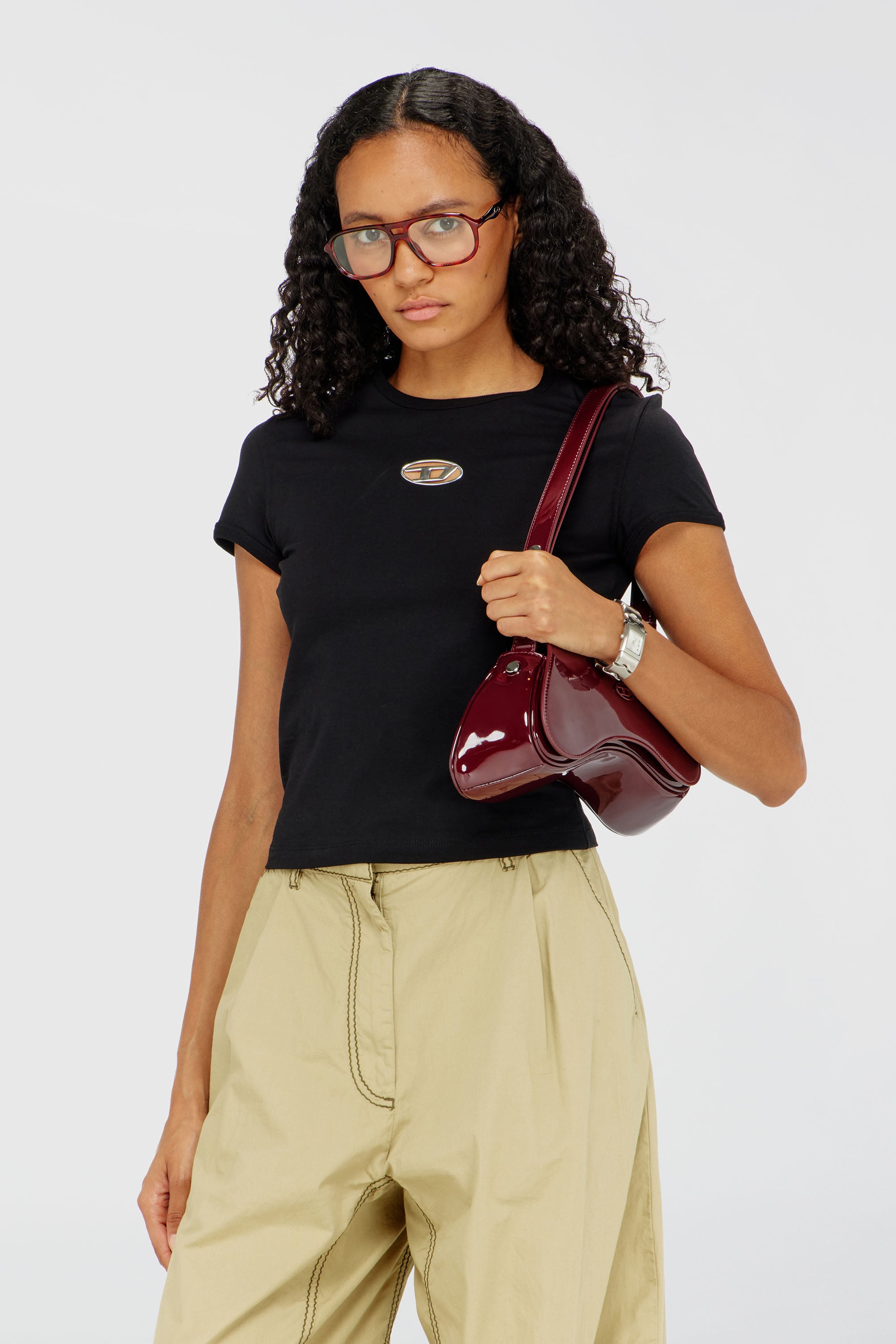 Diesel - T-UNCUTIE-LONG-OD-Q1, Woman's Slim fit T-shirt with cut-out Oval D in Black - 1