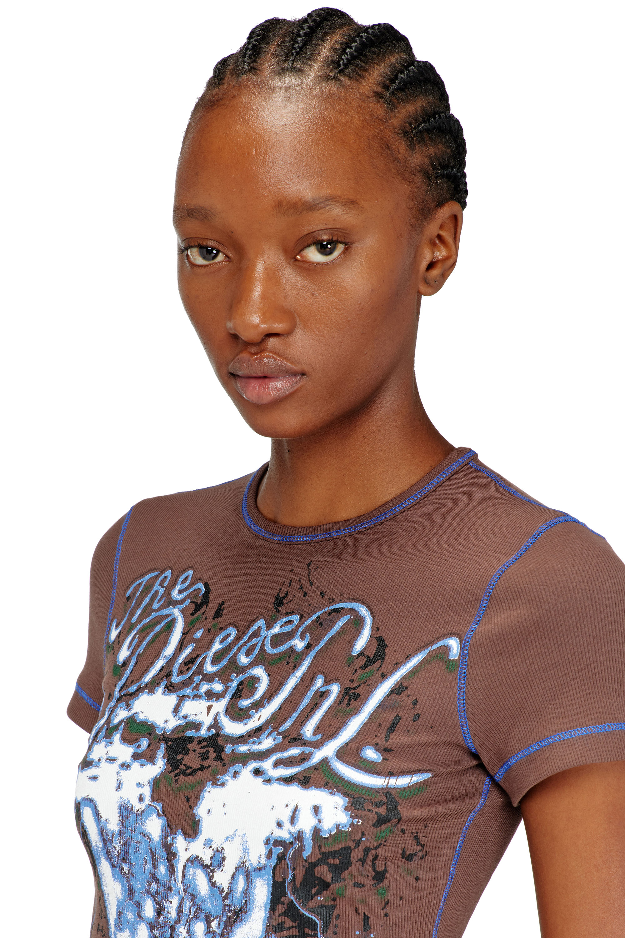 Diesel - T-BRENDA, Top de punto el&aacute;stico acanalado con estampado animalier Mujer in Marr&oacute;n - 4