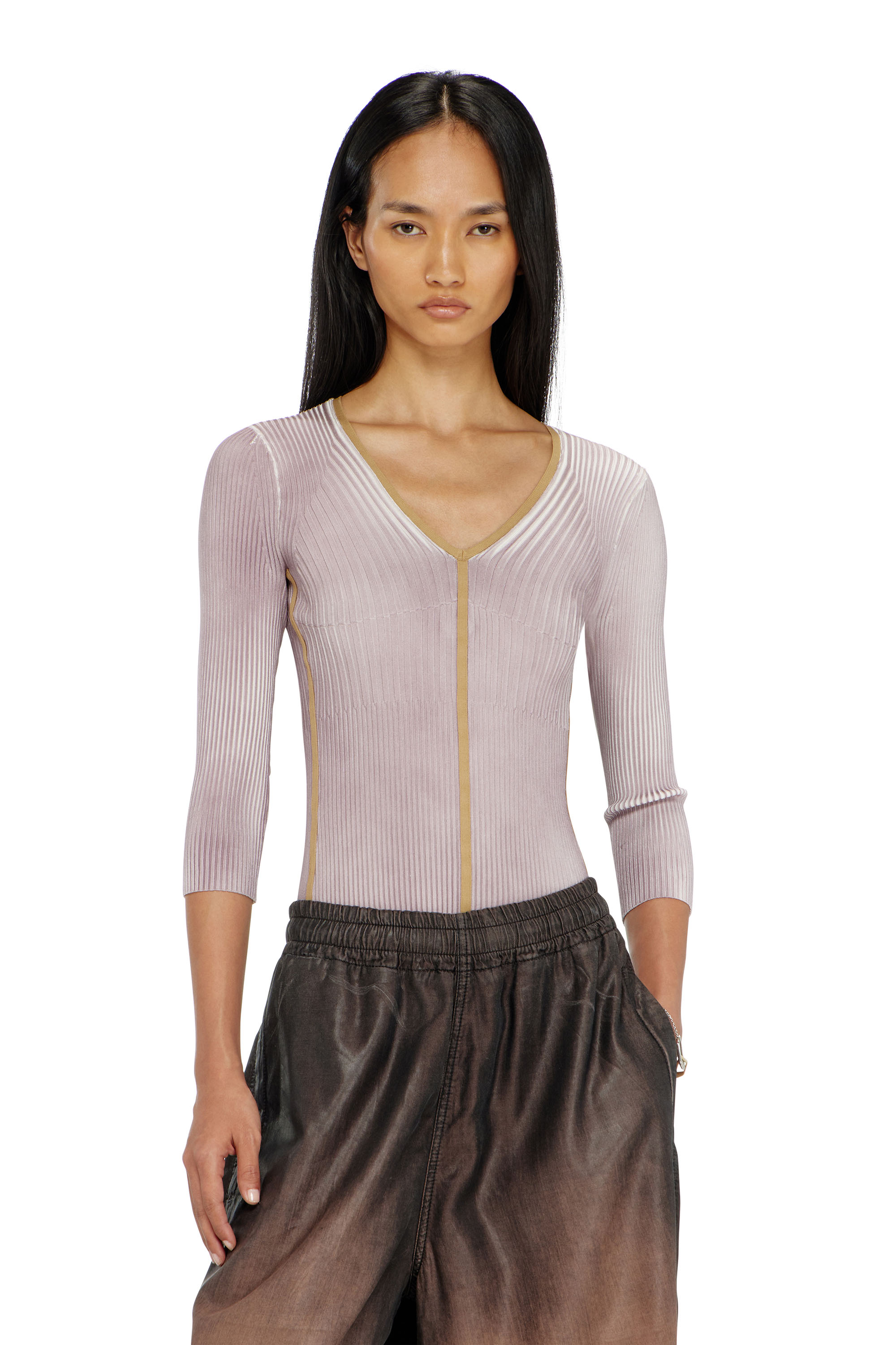 Diesel - M-SARMANI, Woman's Ribbed V-neck jumper with contrast bands in null - 1