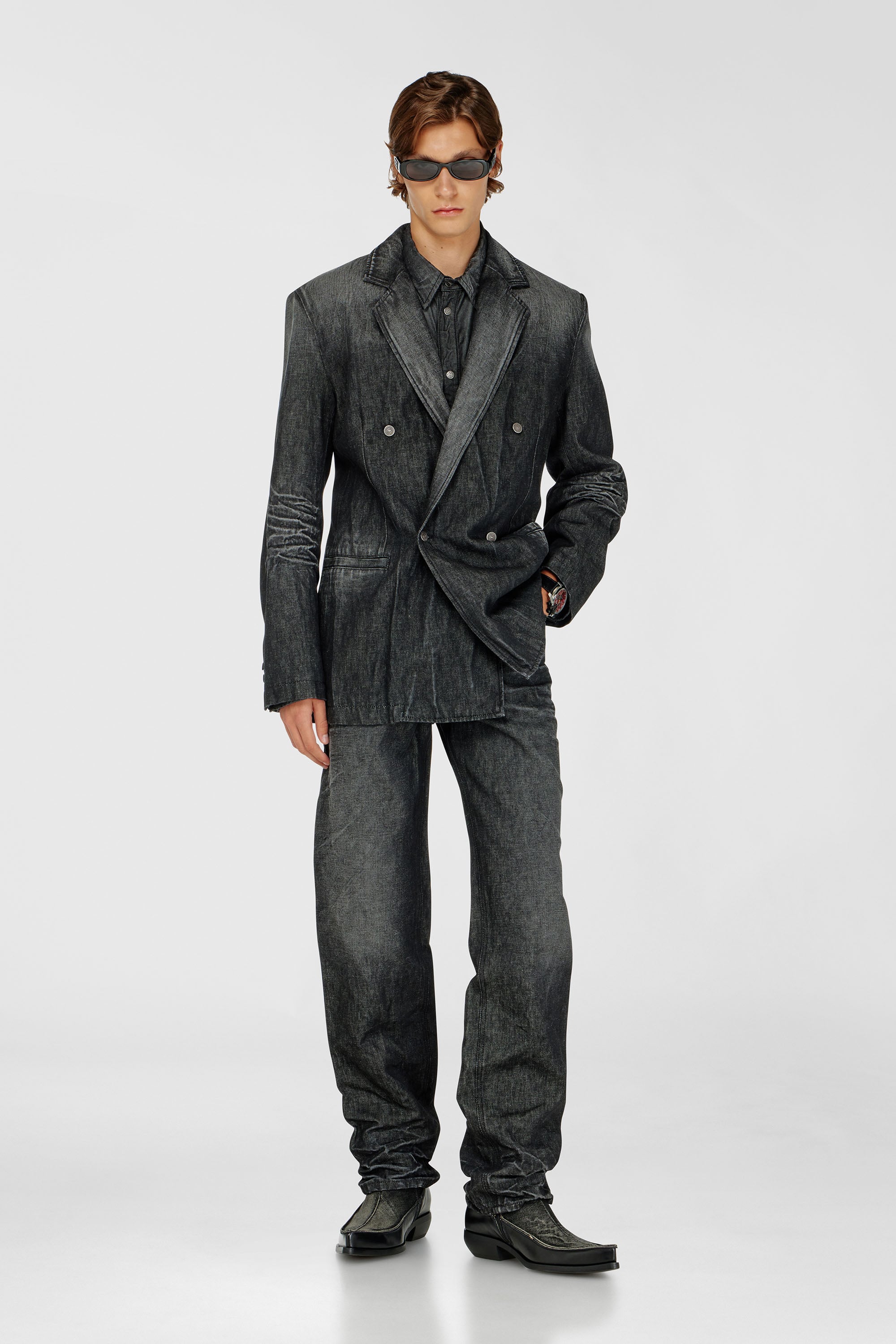 Diesel - D-KOT-FSJ, Male's Double-breasted blazer in creased denim in Black/Dark Grey - 2