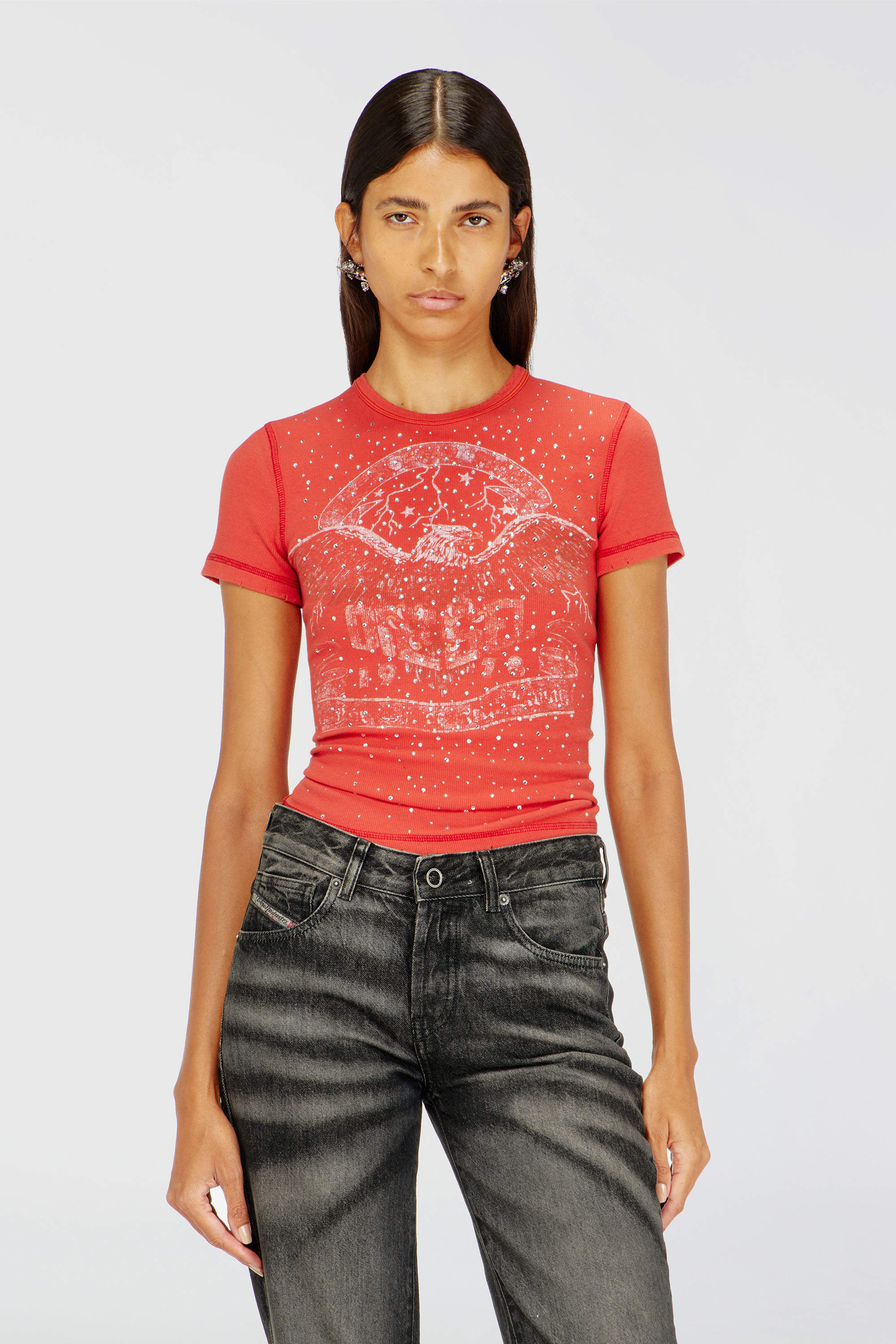 Diesel - T-MARSY-RIB-CRY, Female's T-shirt with concert graphics and crystals in Red - 3