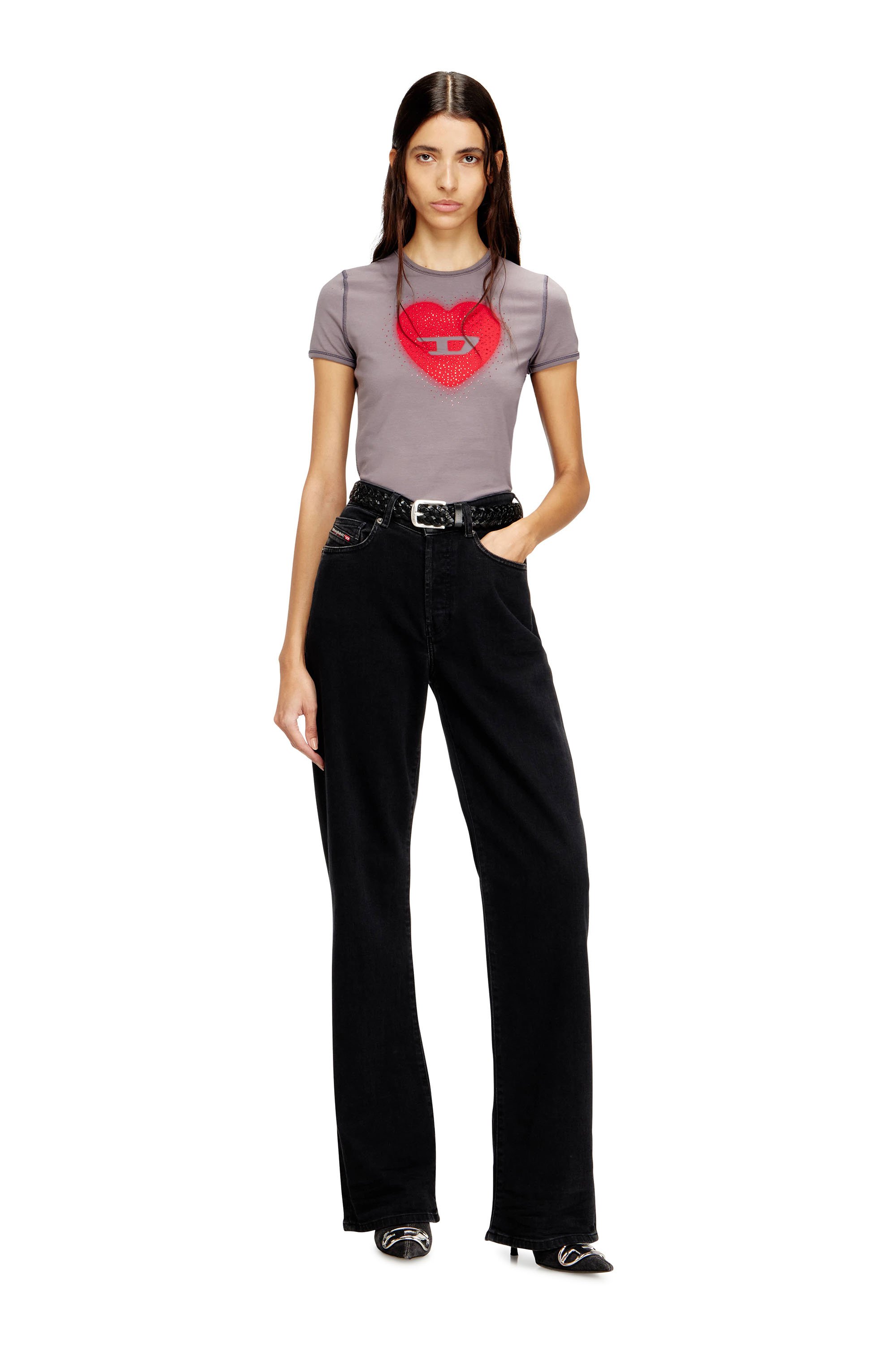 Diesel - T-UNCUTIES-LONG-S5, Woman's Slim T-shirt with heart print and studs in null - 2