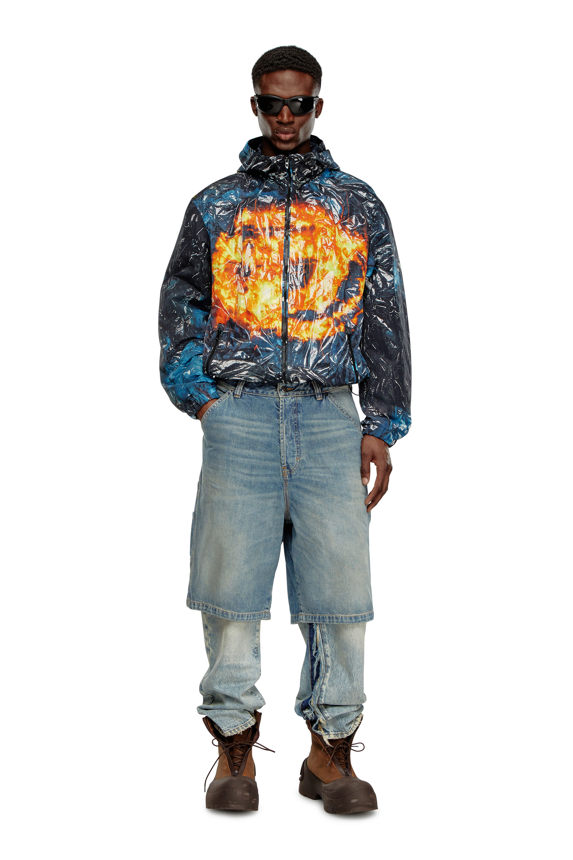 Diesel - J-WARRETT-POSTER, Male's Hooded windbreaker with poster print in Blue/Black - 2