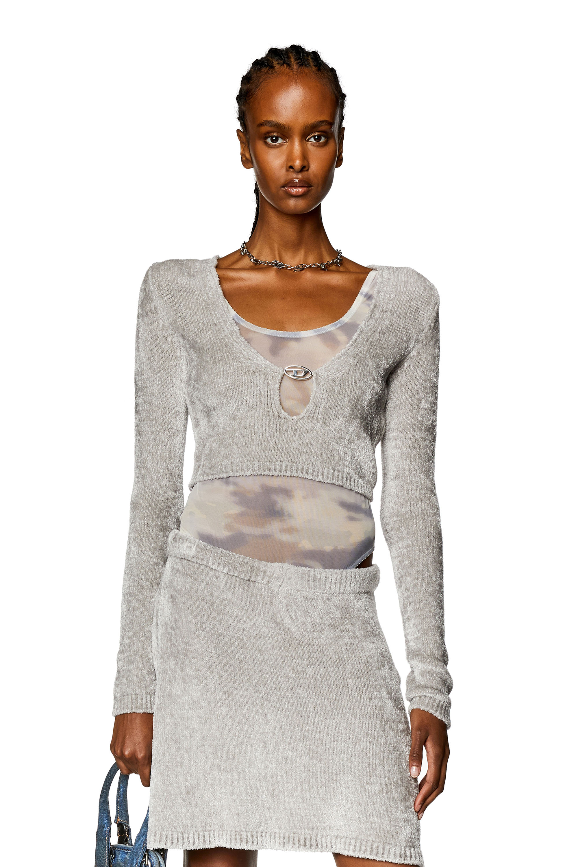 Diesel - M-CHERYL, Woman's Cropped chenille jumper in Light Grey - 3