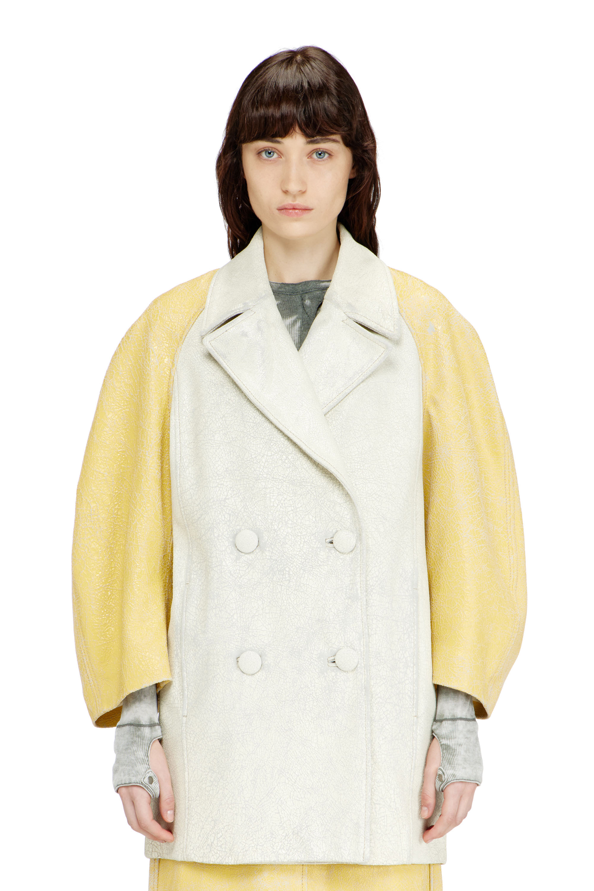 Diesel - L-UPIN, Woman's Cocoon-sleeve peacoat in cracked leather in White/Yellow - 1