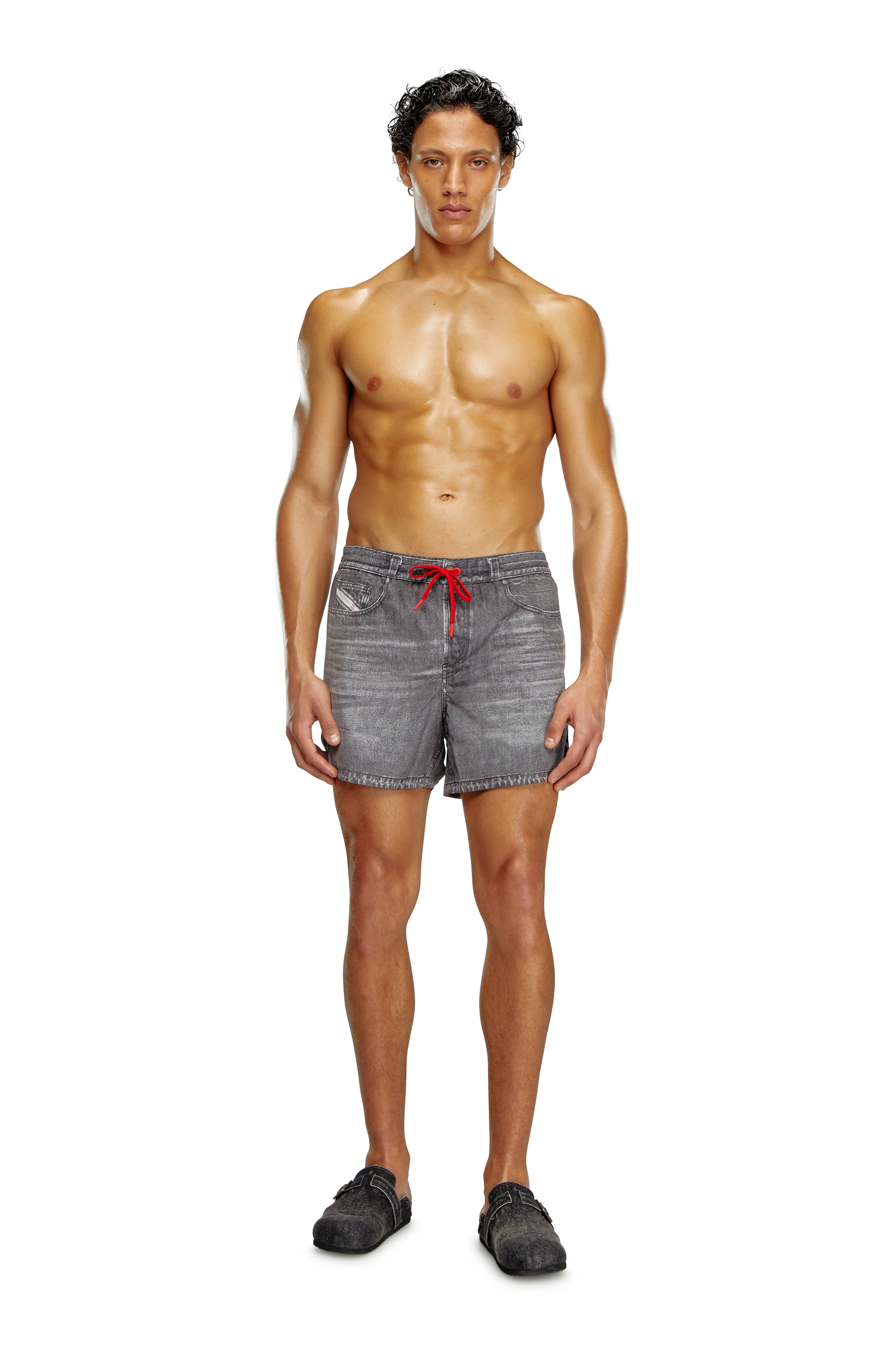 Men's Mid-length swim shorts with denim print | Black | Diesel