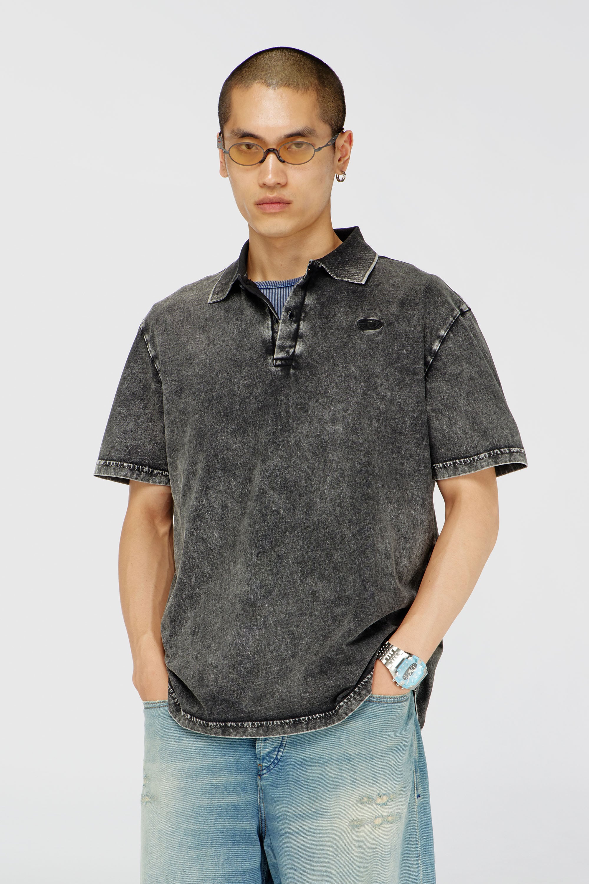 Diesel - T-REJUST-NC-DEN, Camiseta tipo polo en tejido de punto efecto denim Hombre in Gris - 3
