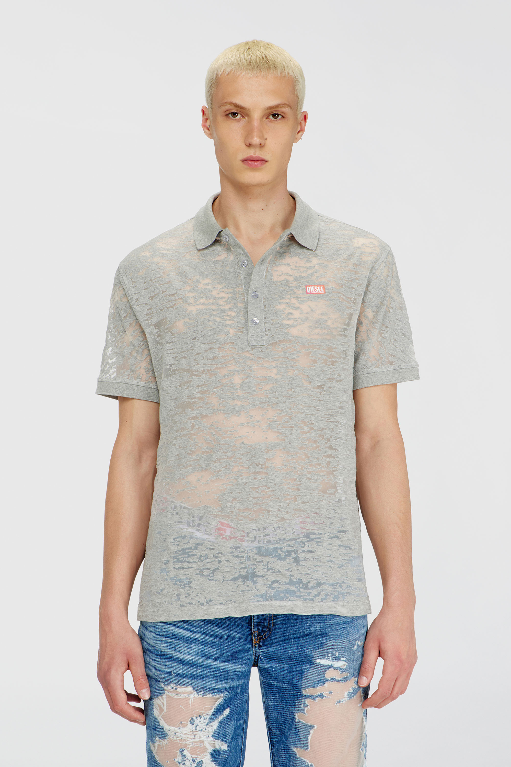 Diesel - PR-T-REJUST, Male's Polo shirt in all-over devor&eacute; jersey in Light Grey - 3