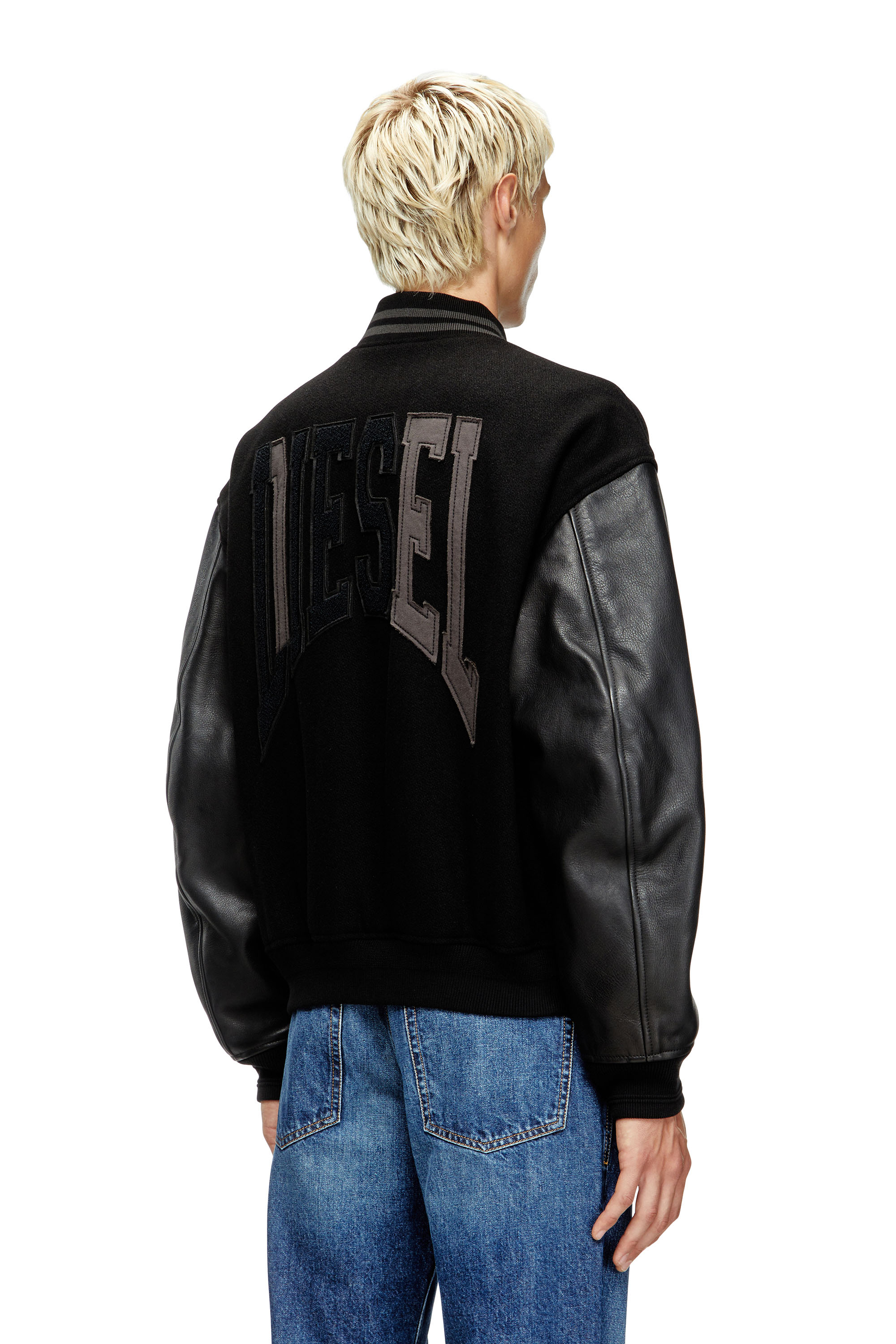 Diesel - L-NYMAN, Veste bomber style universitaire en coton et cuir Homme in Noir - 5