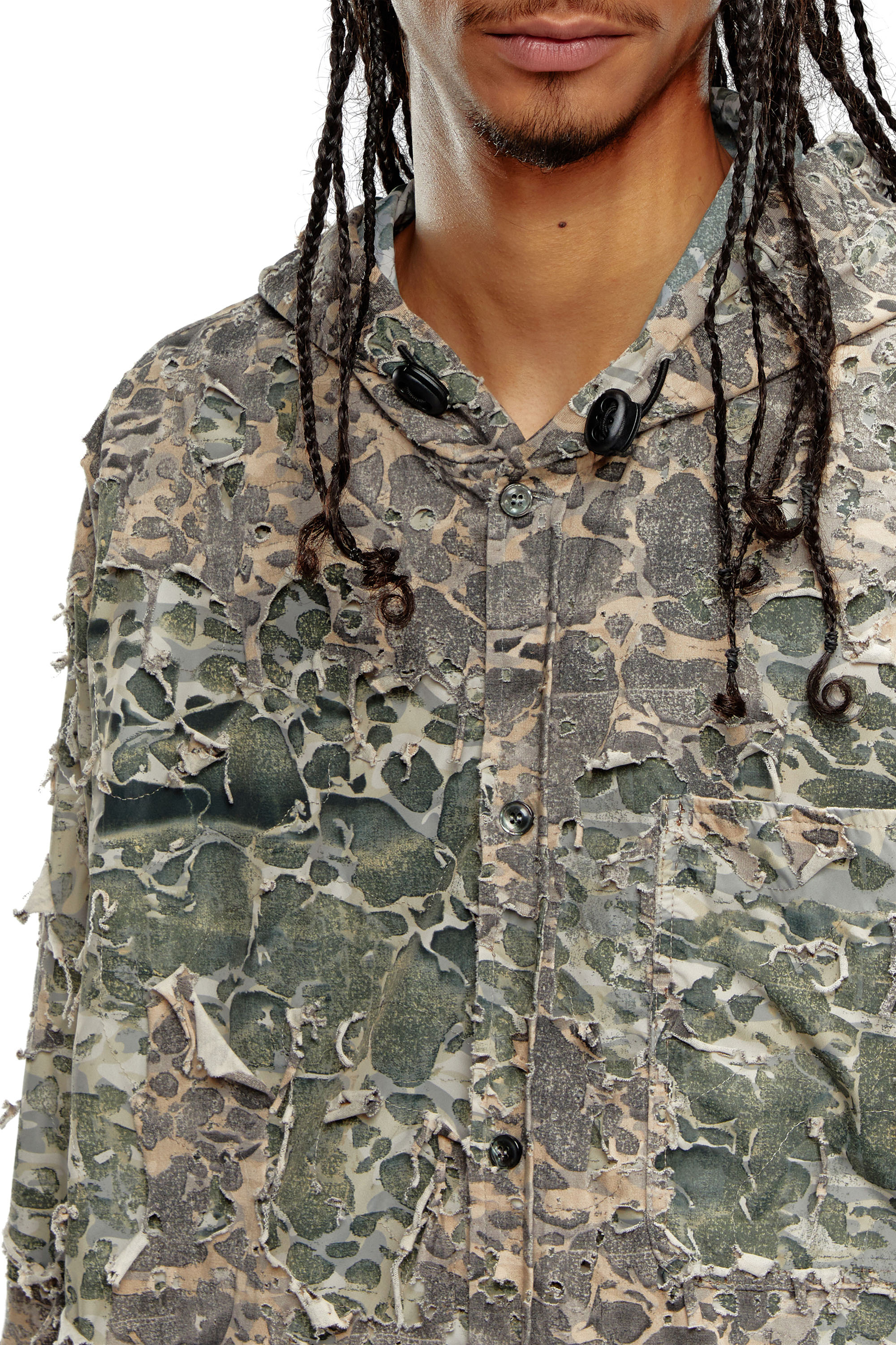 Diesel - S-DEWNY-HOOD-HOCKK, Male's Camo shirt with destroyed finish in Green/Grey - 4