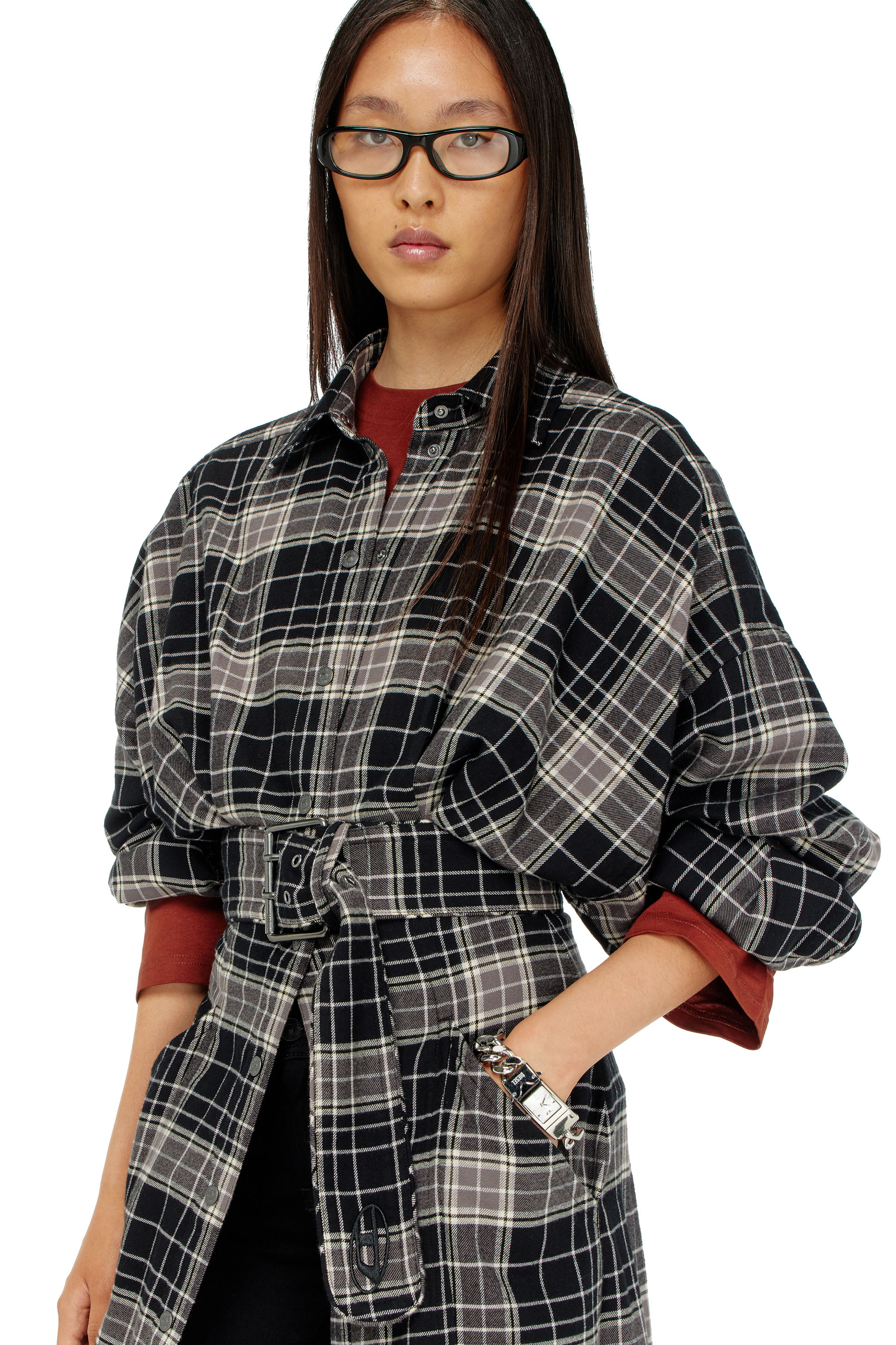 Diesel - D-EDALUS, Female's Midi dress in check flannel with wide belt in Grey/Black - 5