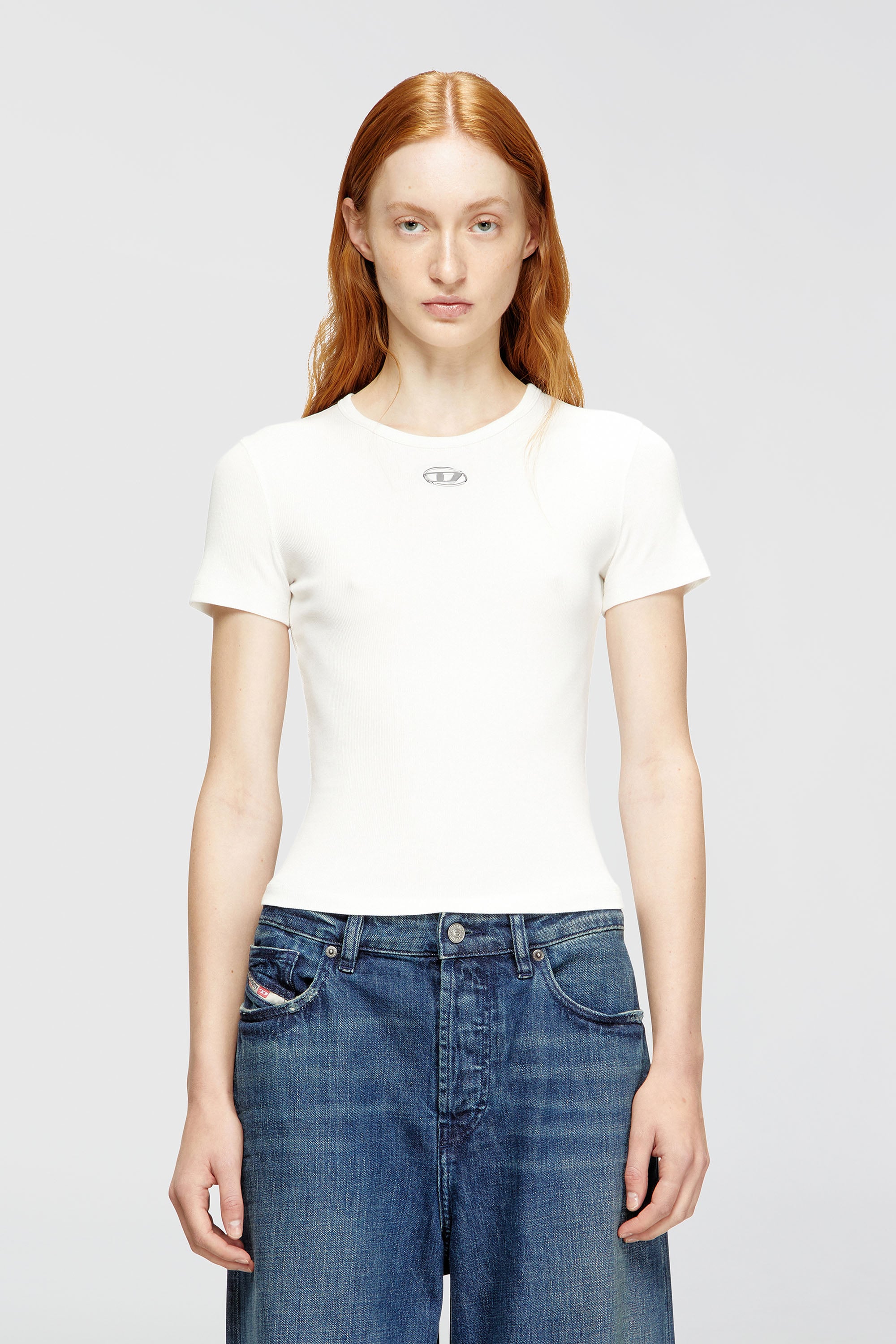 Diesel - T-ELE-LONG-OD, Woman's Slim ribbed T-shirt with metallic Oval D in White - 1