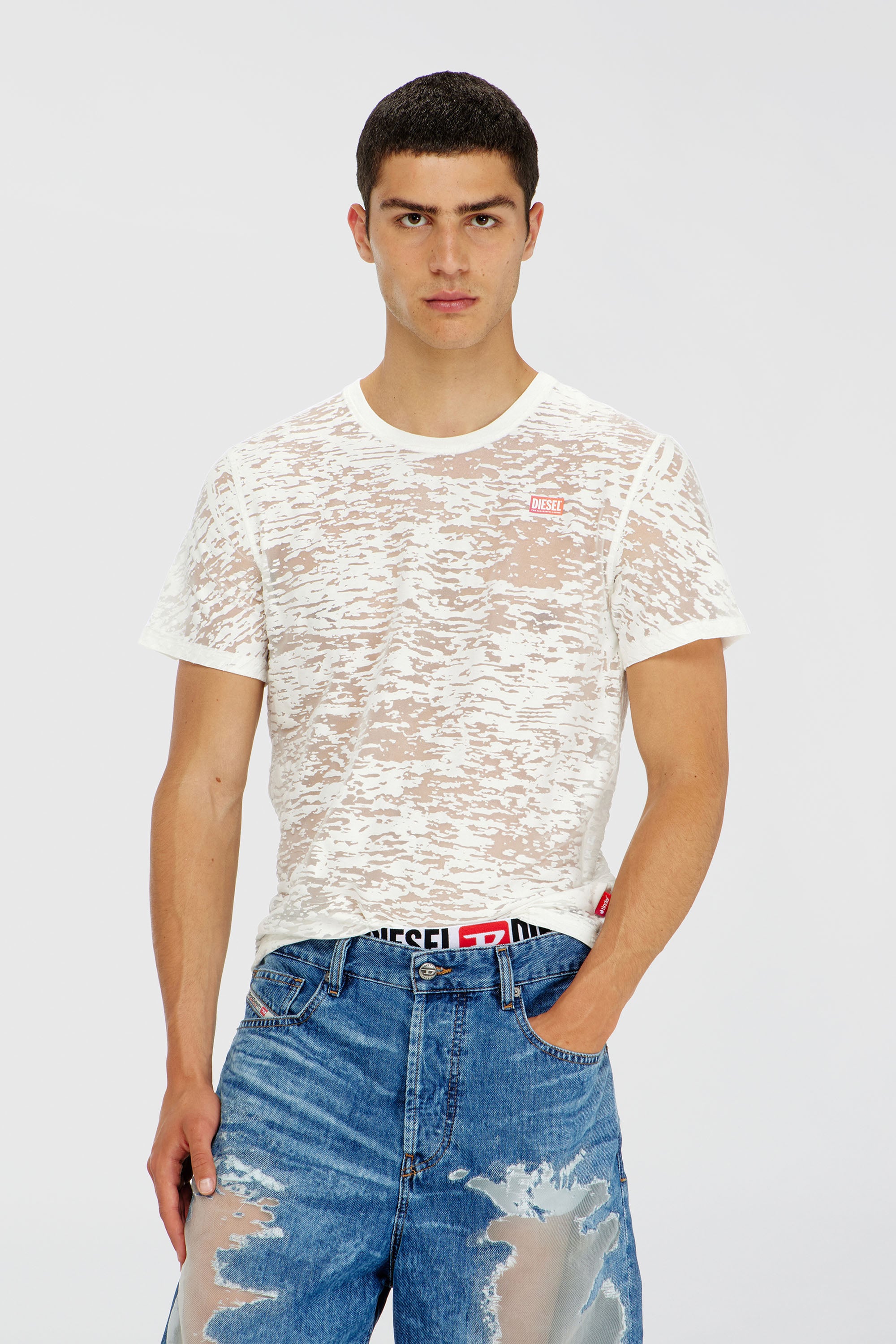 Diesel - PR-T-NOTS-MATI-R, Unisex's T-shirt in all-over devor&eacute; jersey in White - 1