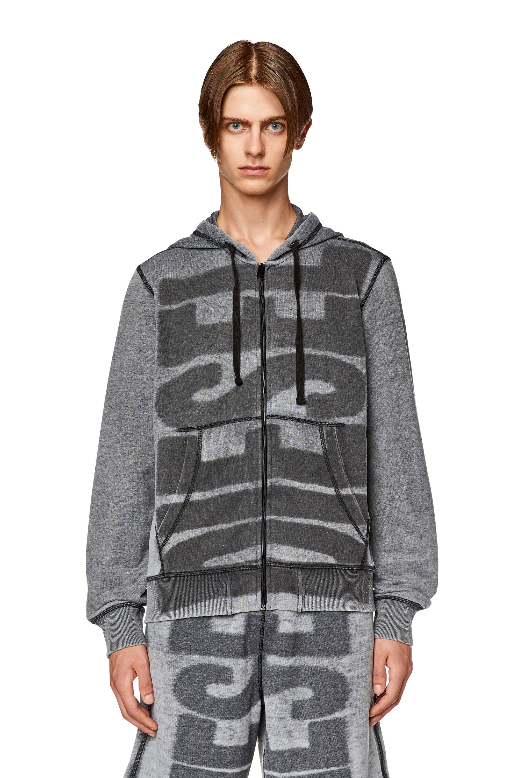 Diesel - S-GINN-HOOD-ZIP-L1, Sudadera burnout con capucha y cremallera con logotipo Hombre in Negro - 5