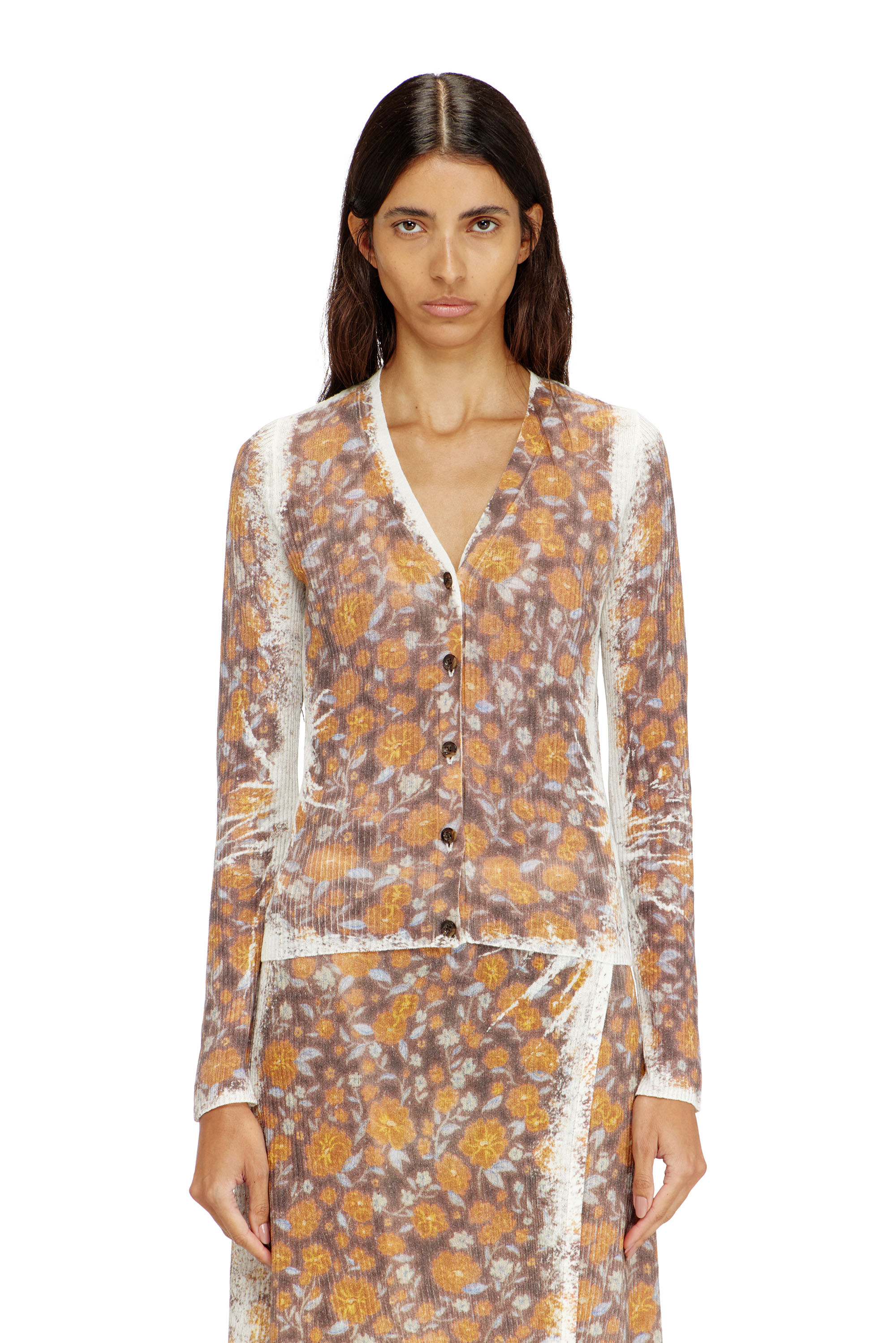 Diesel - M-BLOMIEN, Cardigan en maille de lin &agrave; imprim&eacute; fleuri Femme in Marron - 1