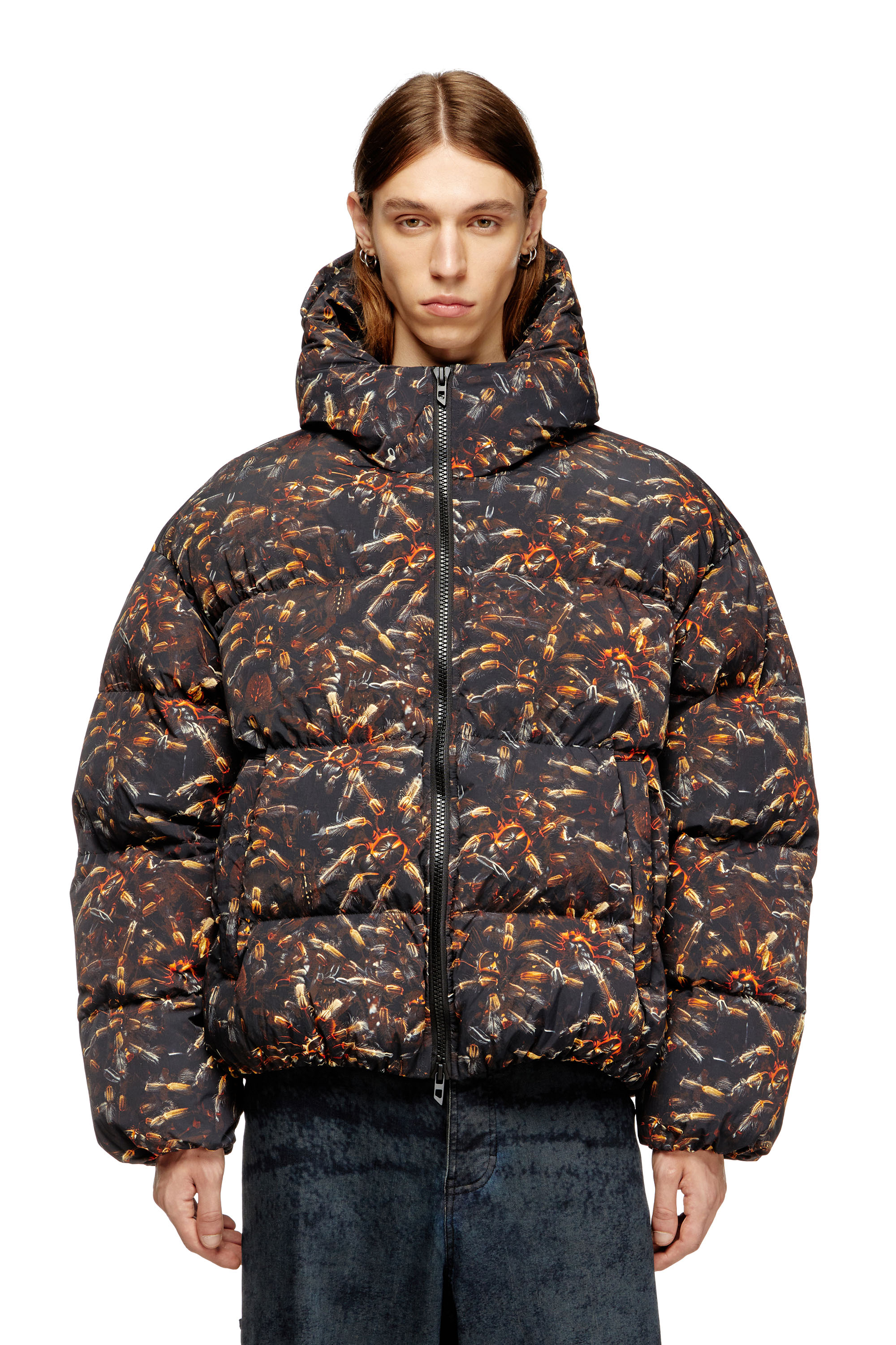 Diesel - W-SPIDER, Male's Hooded puffer jacket with spider print in Black/Brown - 1