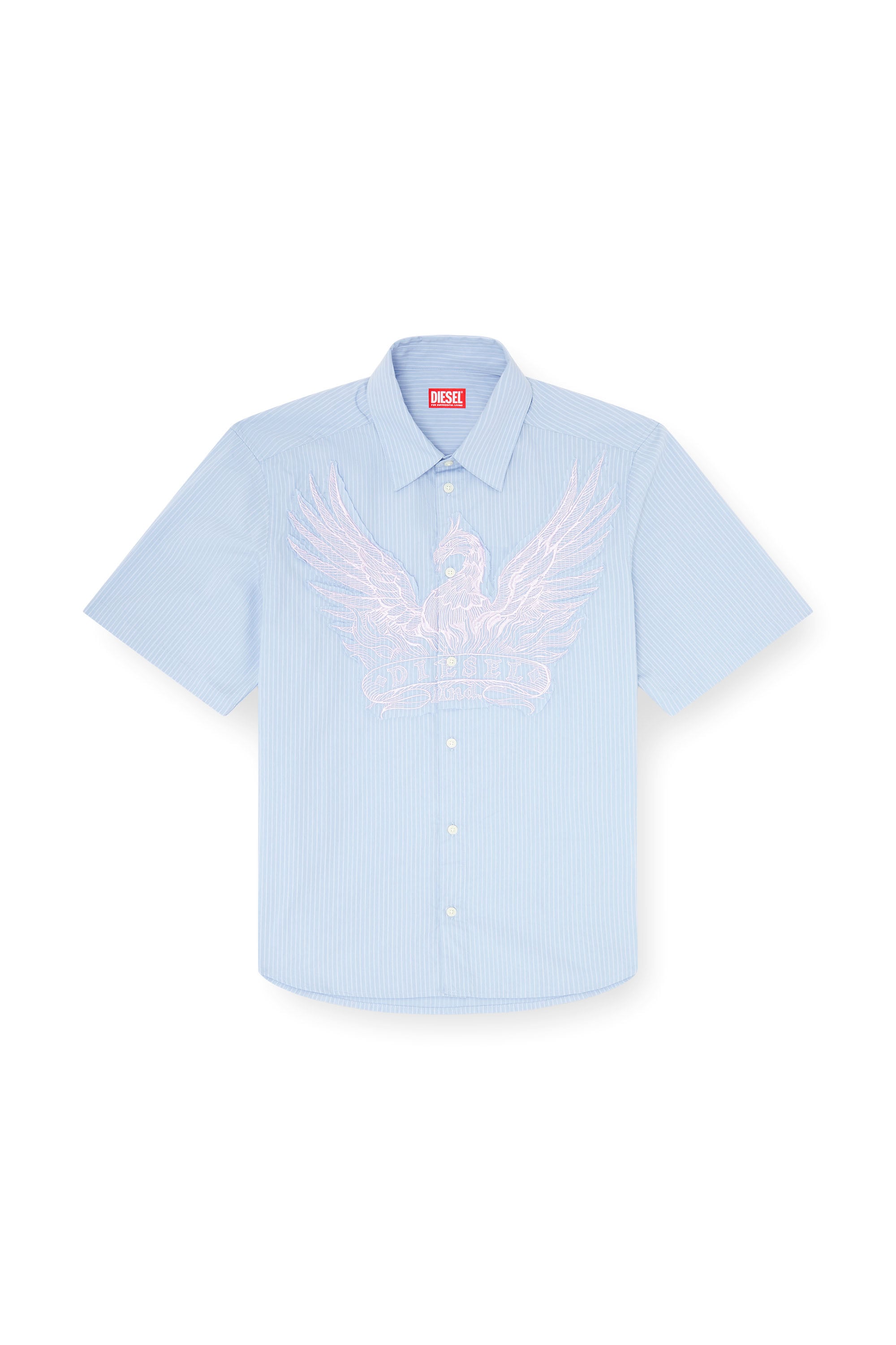 Diesel - S-SIMPLY-SS-AGCZ, Man's Striped poplin shirt with embroidered patch in Light Blue - 3