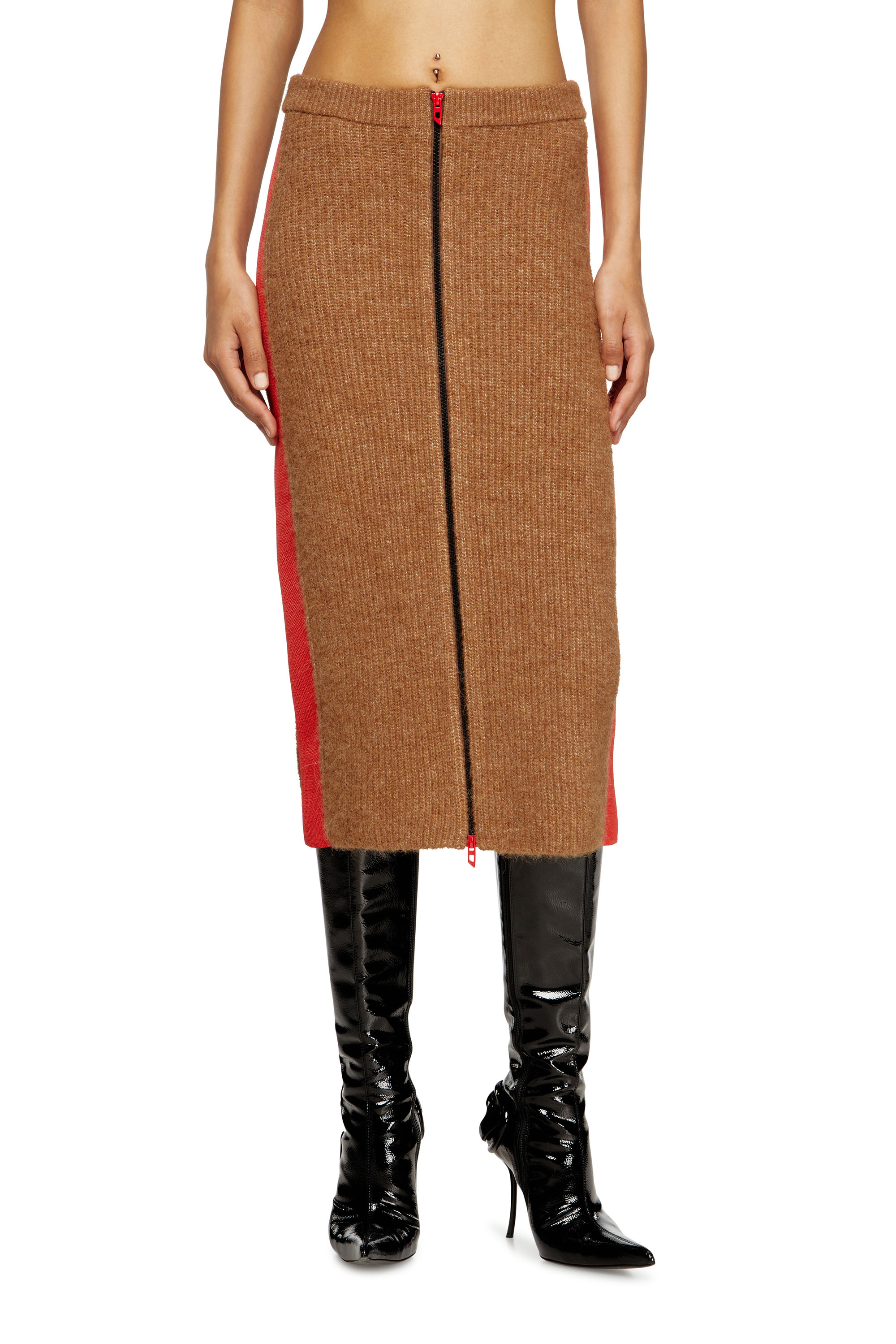 Diesel - M-LOUSI, Jupe midi en alpaga avec zip frontal Femme in Marron - 1