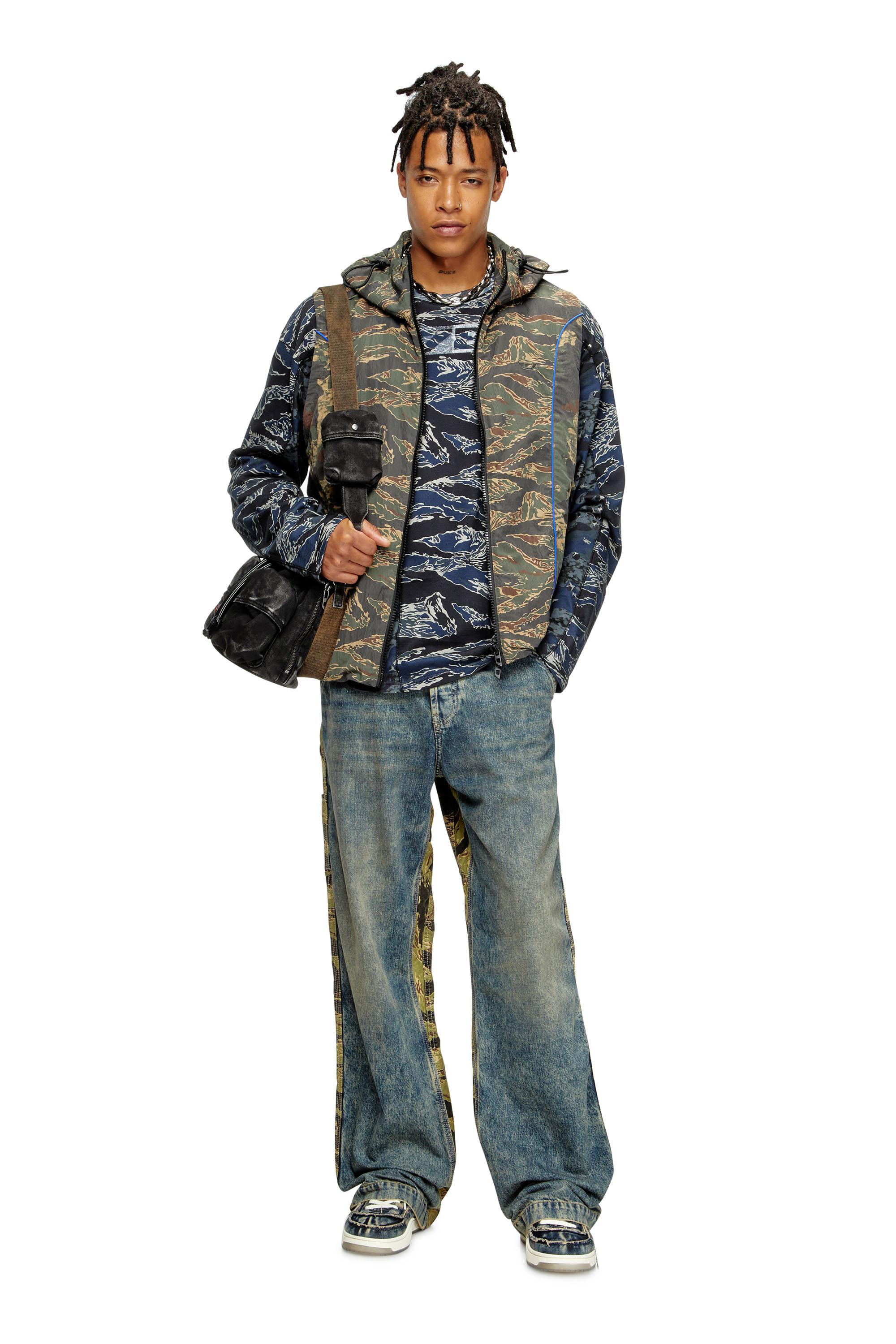 Diesel - J-OSTEND-SL-CAMU, Male's Hooded vest with mixed camo prints in Blue/Green - 2