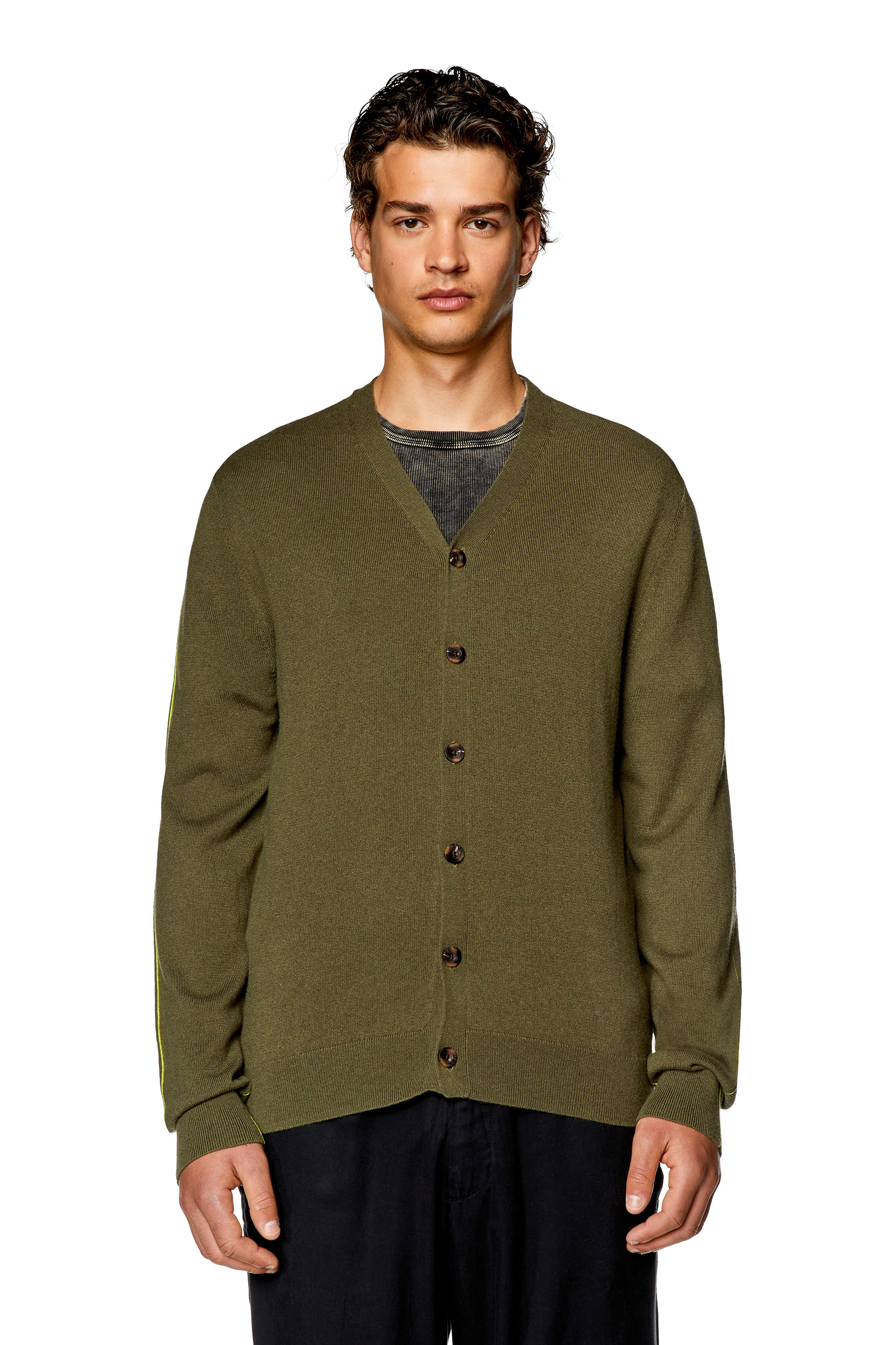 Diesel - K-ZANTE, Man's Cardigan with contrast piping in Olive Green - 5