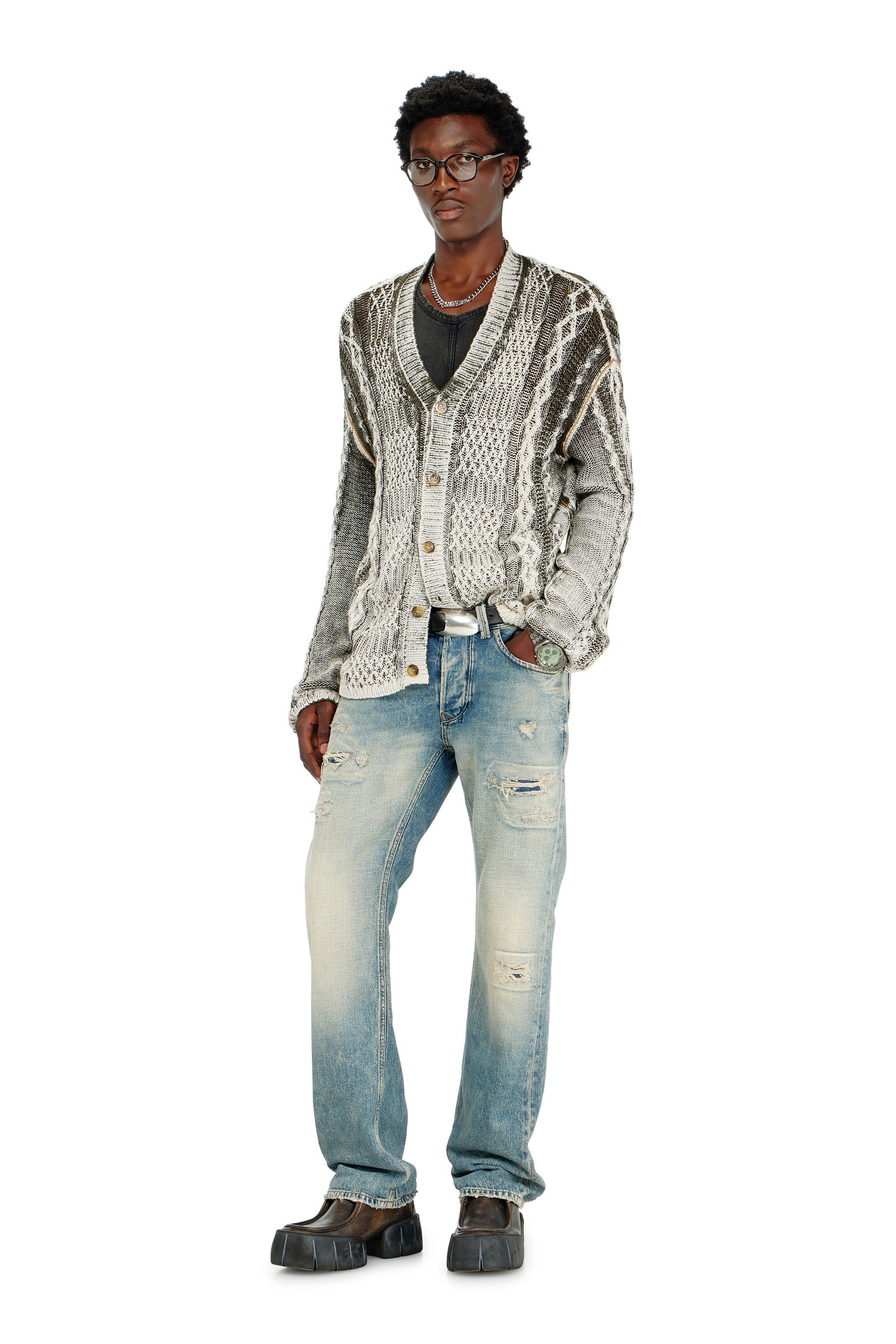 Diesel - K-MIOTO, Cardigan en maille torsad&eacute;e trait&eacute; Homme in Polychrome - 1