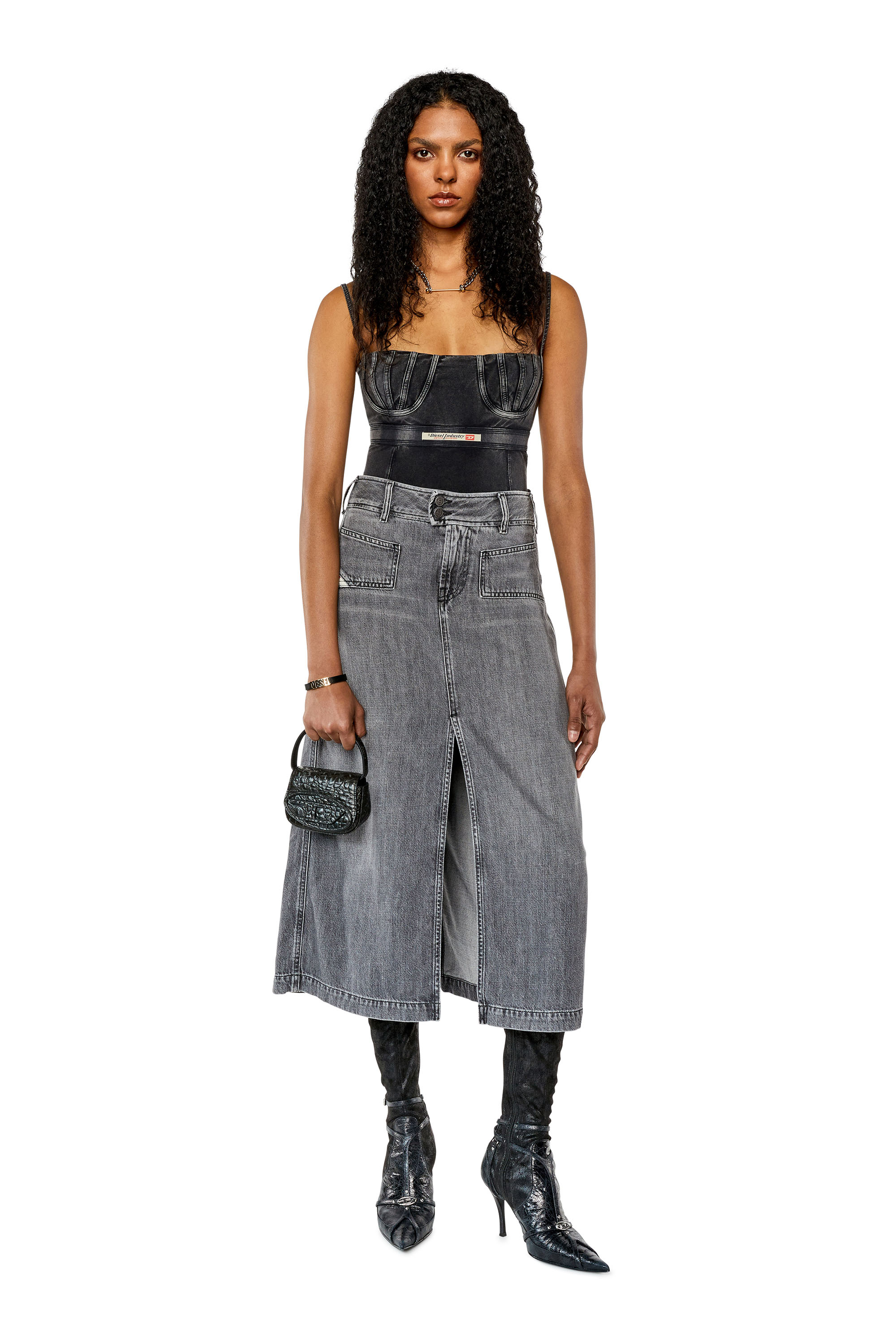 Women's Denim midi skirt with slit | Grey | Diesel
