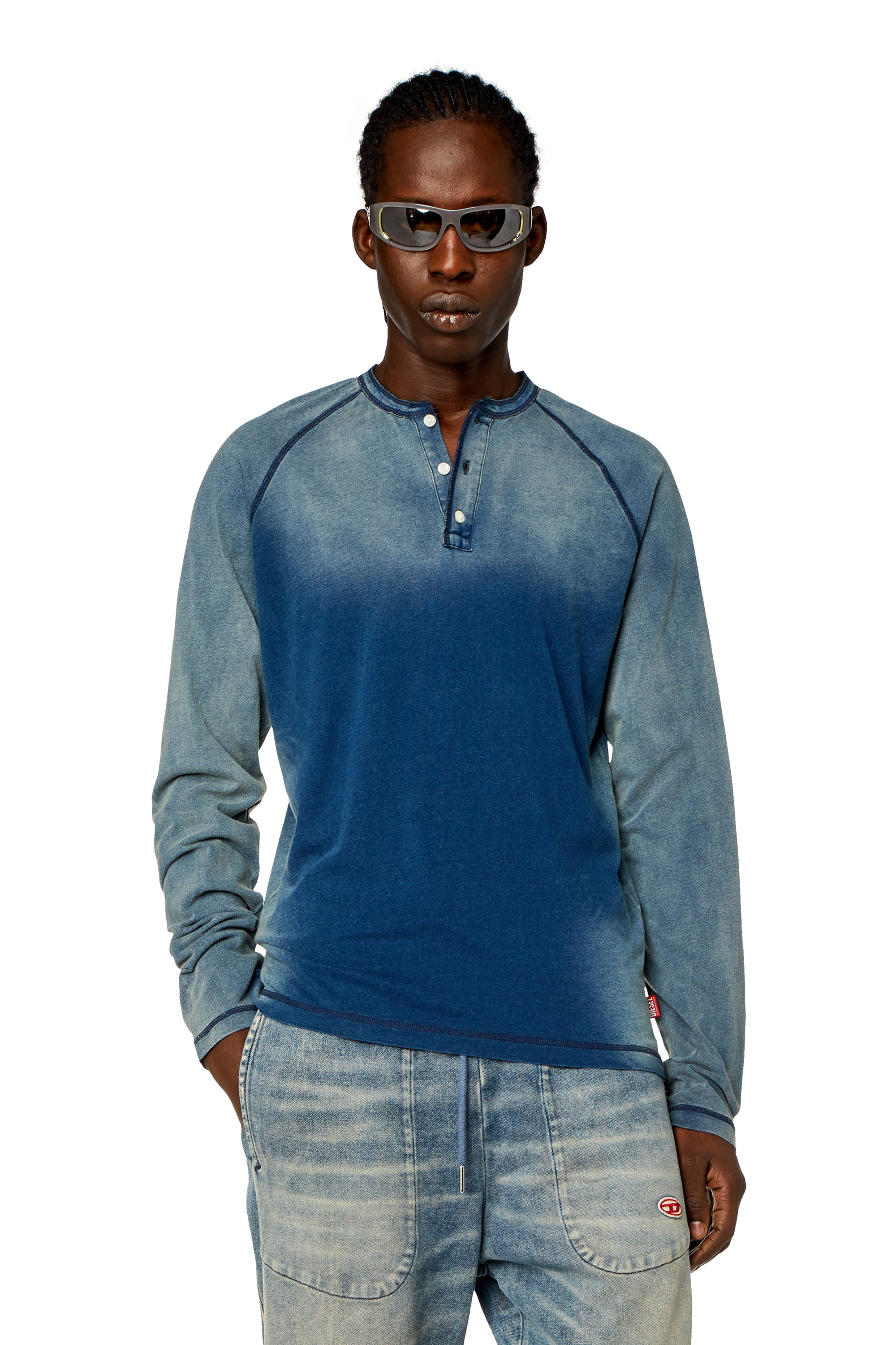 Diesel - T-RISY, Man's Henley T-shirt with sun-faded effect in Blue - 3