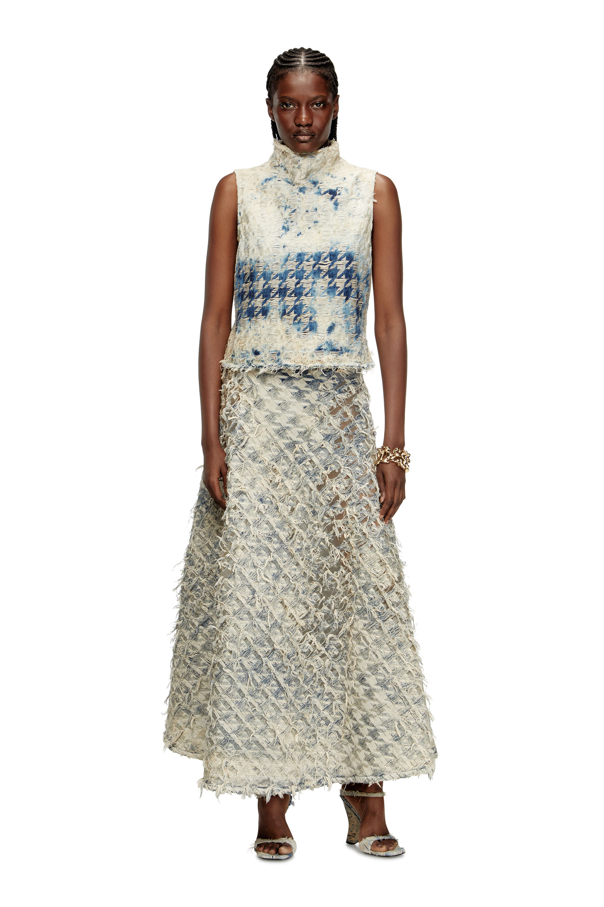 Diesel - DE-ANNINA-FSH, Jupe longue en denim motif pied-de-poule dévoré Femme in Bleu - 2