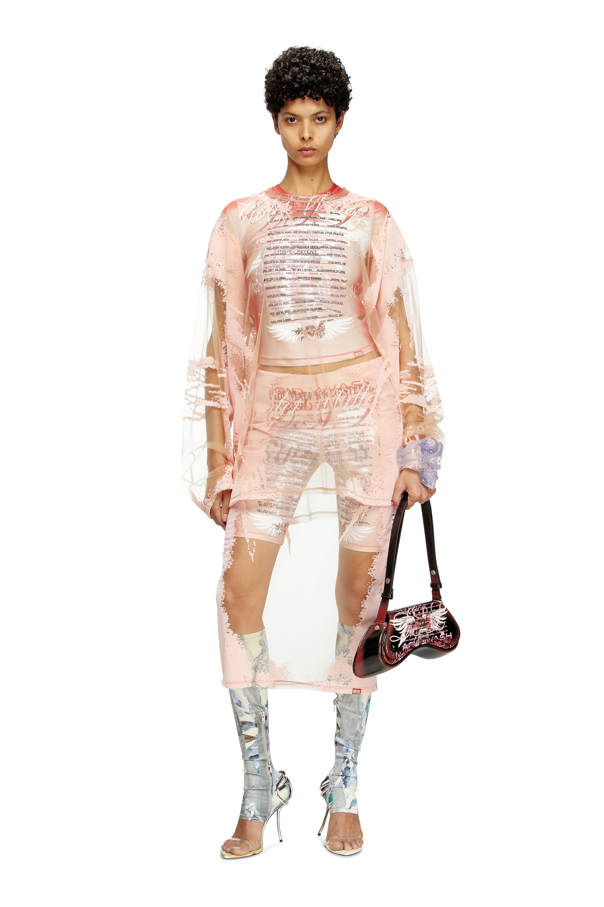 Diesel - T-HASSAN-LS-A, Unisex's Long-sleeve nylon T-shirt with lyrics print in Pink - 4